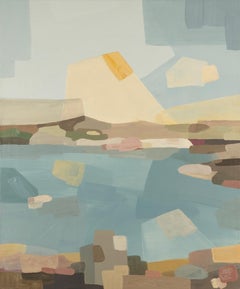 Nuestro lugar favorito para nadar - Pintura Abstracta Paisaje de Playa, Azul + Marrón