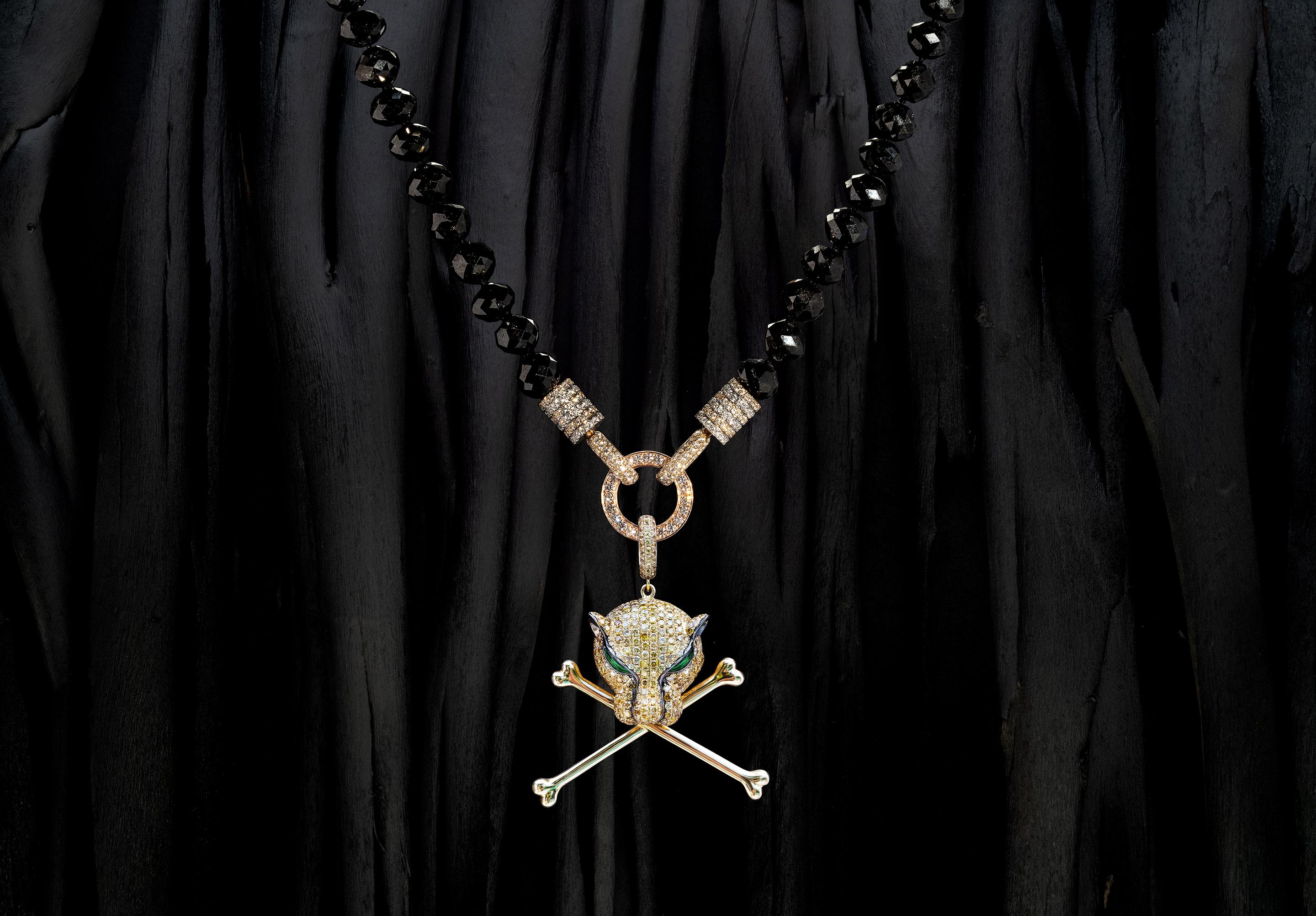 Contemporary Rosa Van Parys Black Diamond and Panther Head and Cross Bones Necklace For Sale
