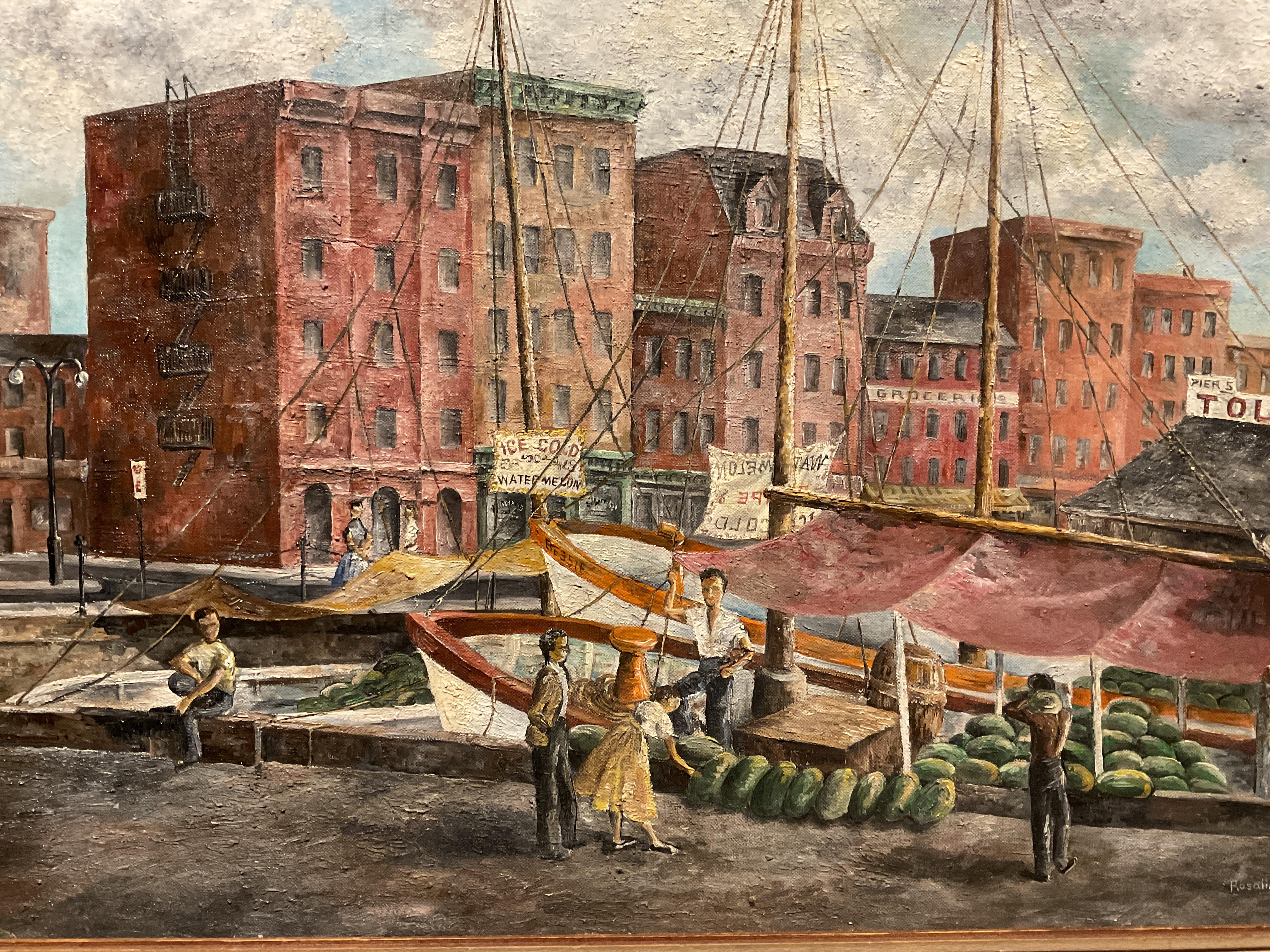 Rare Baltimore Harbor Oil Painting, Pratt Street Dock, ca 1950 - Rosalie Hamblin - Brown Landscape Painting by Rosalie Hamblin Mills