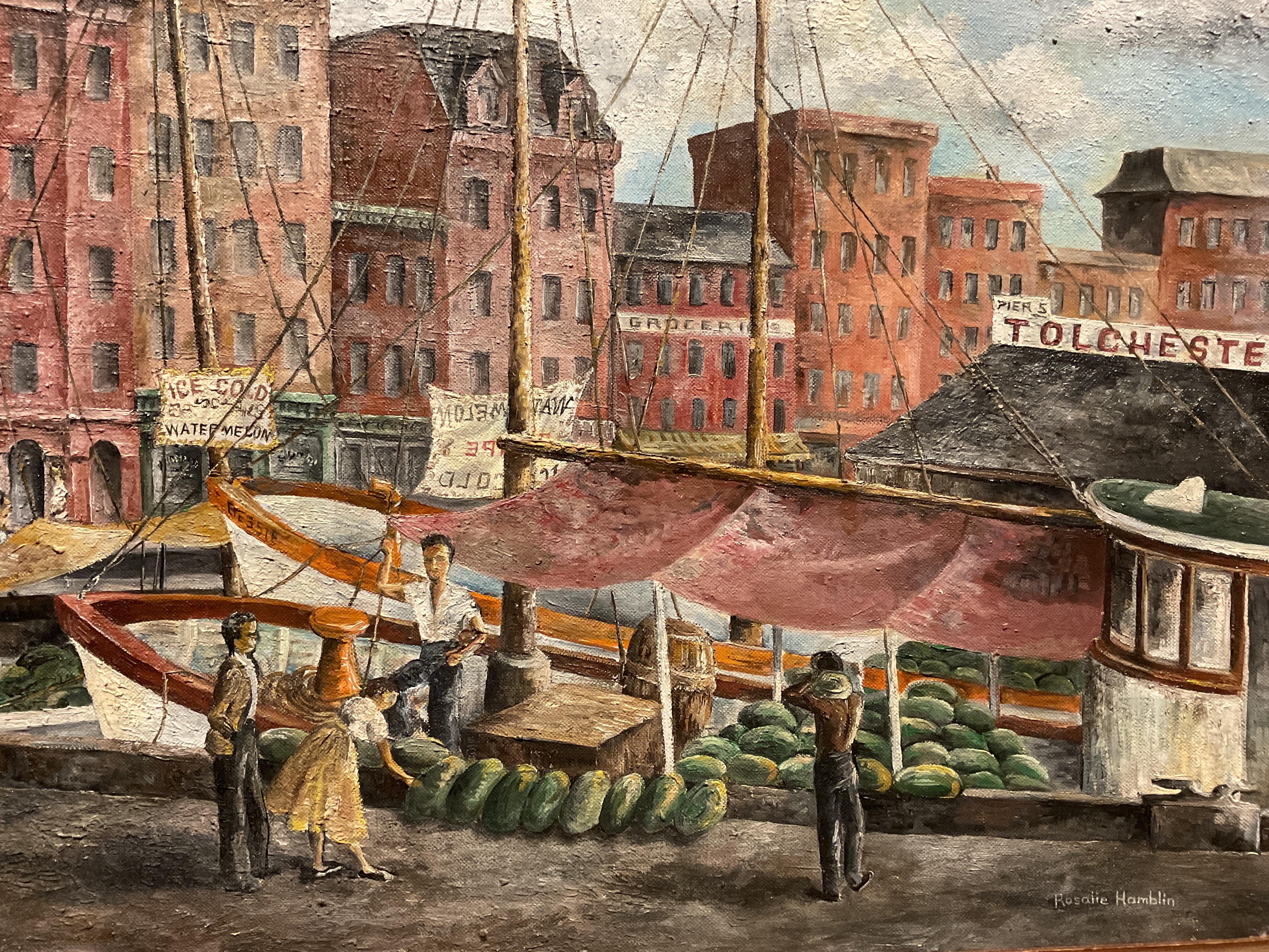 Rare Baltimore Harbor Oil Painting, Pratt Street Dock, ca 1950 - Rosalie Hamblin - Brown Landscape Painting by Rosalie Hamblin Mills