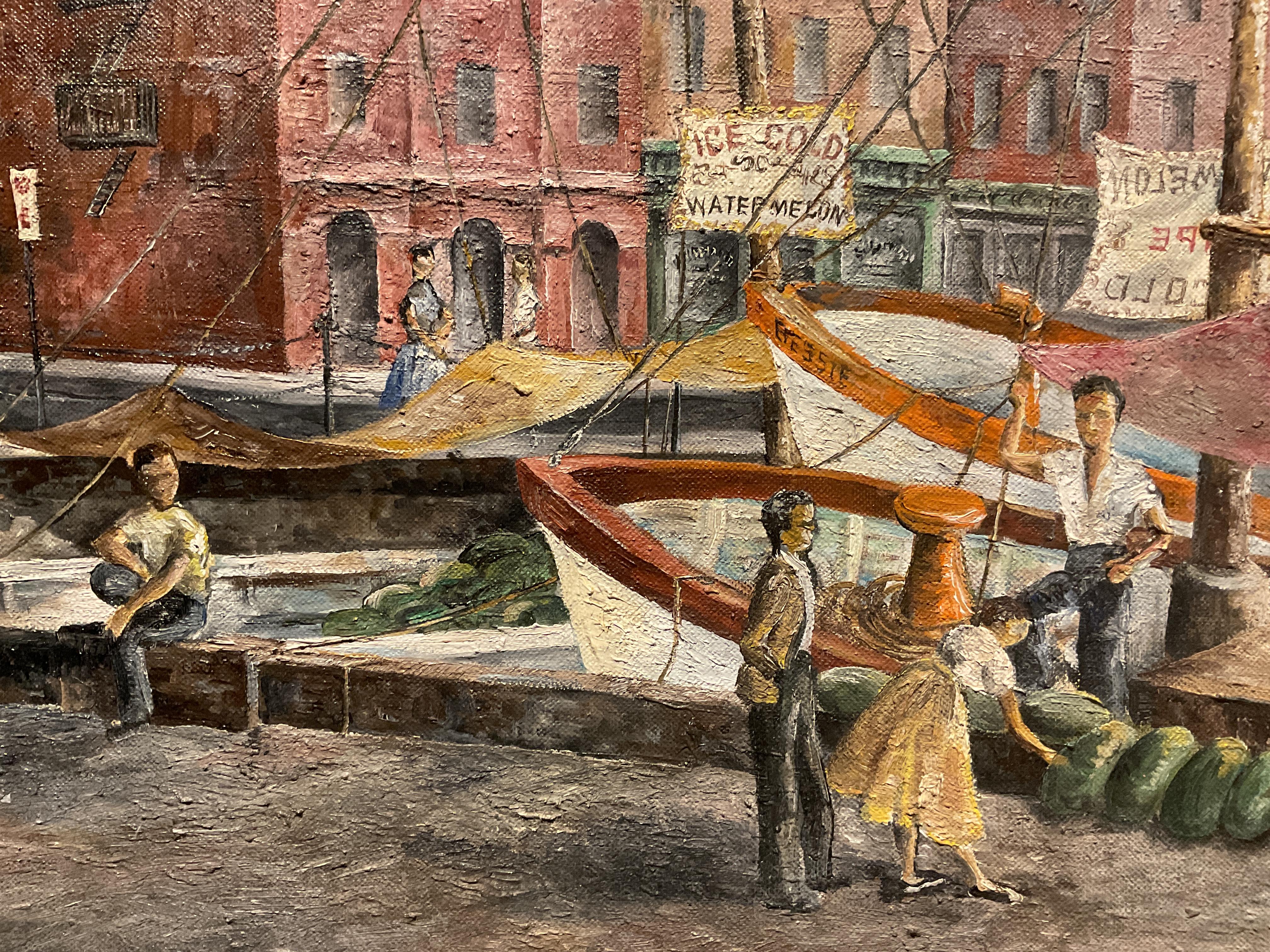 Rare peinture à l'huile du port de Baltimore, Pratt Street, vers 1950 - Rosalie Hamblin - Marron Landscape Painting par Rosalie Hamblin Mills