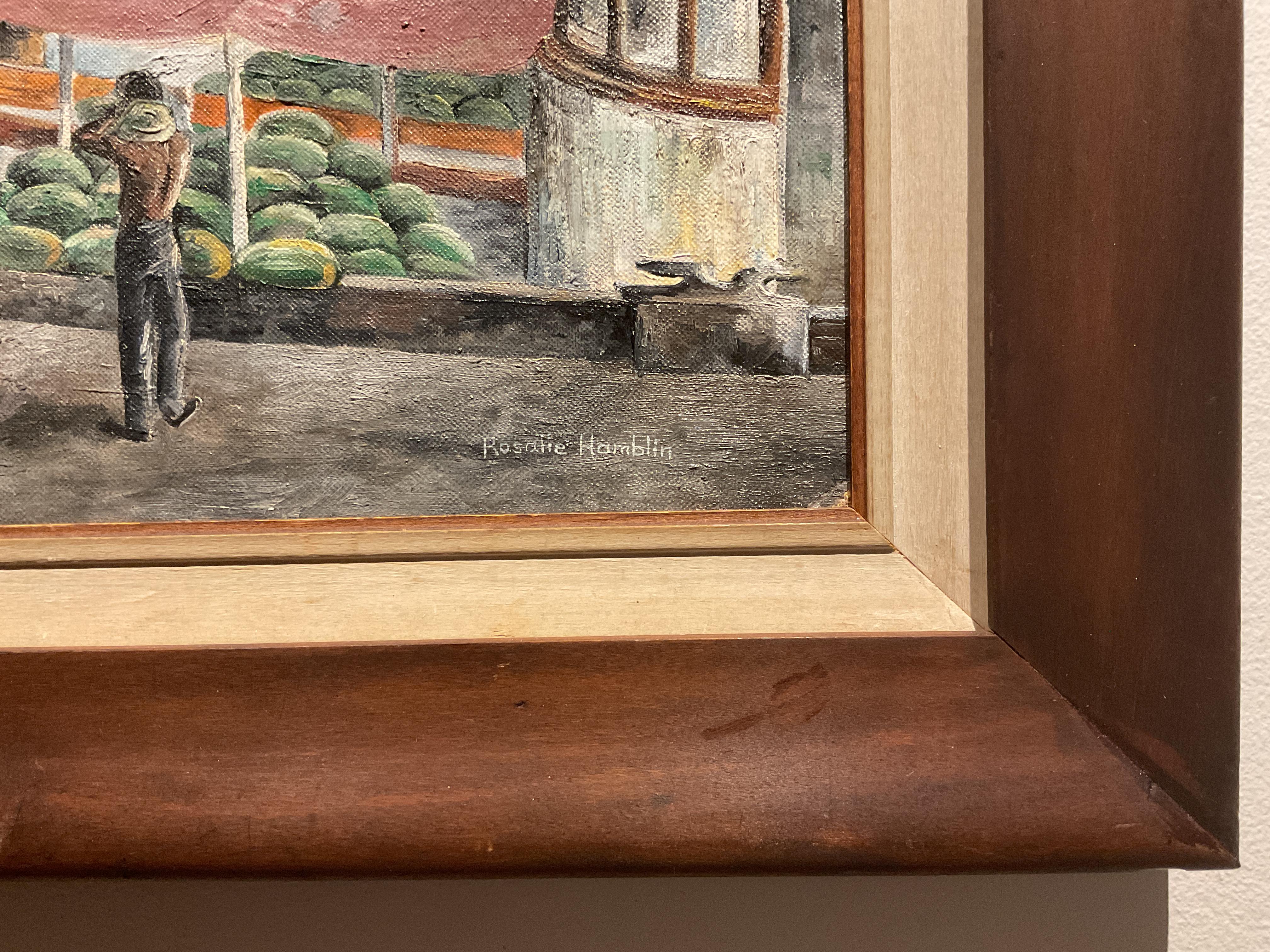 Este animado óleo representa el ajetreado paseo marítimo de Baltimore, concretamente los antiguos muelles que bordeaban la calle Pratt en el Puerto Interior. Pintada por la artista local Rosalie Mills ( de soltera Hamblin), la escena representa los