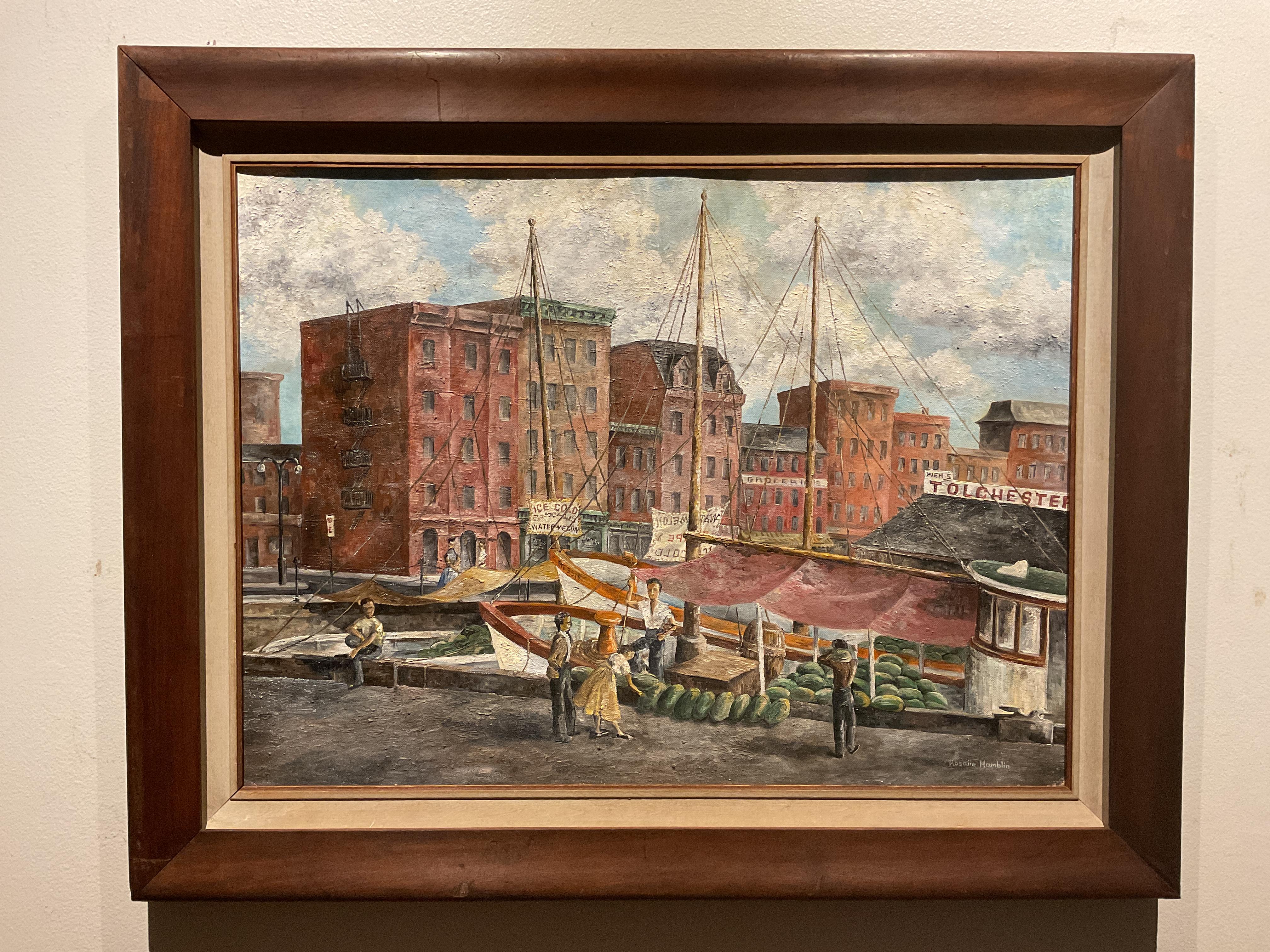Rosalie Hamblin Mills Landscape Painting – Seltenes Ölgemälde des Hafens von Baltimore, Pratt Street Dock, ca. 1950, Rosalie Hamblin