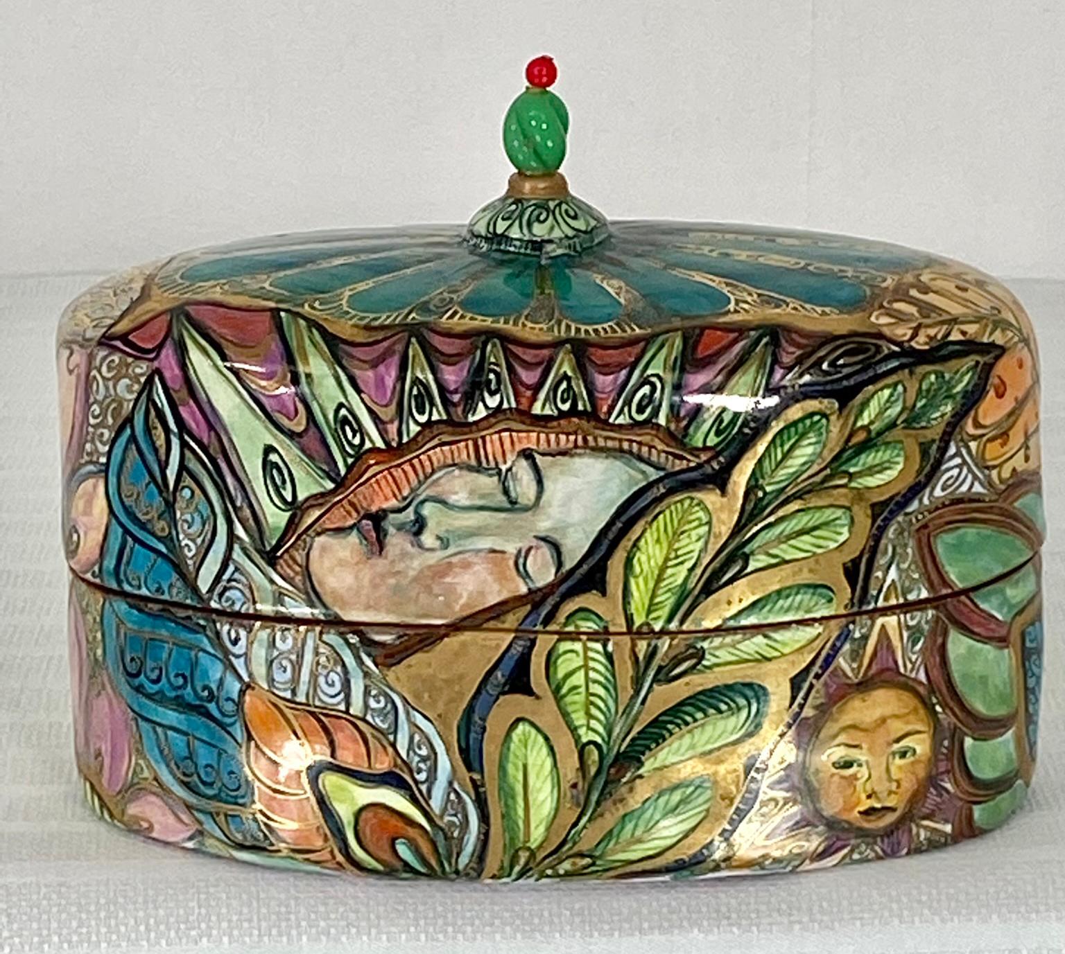 Mid-Century Modern Rosalie Wynkoop Vintage Studio Art Pottery Lidded Box Tin Glazed Terracotta (Boîte à couvercle en étain émaillé) en vente