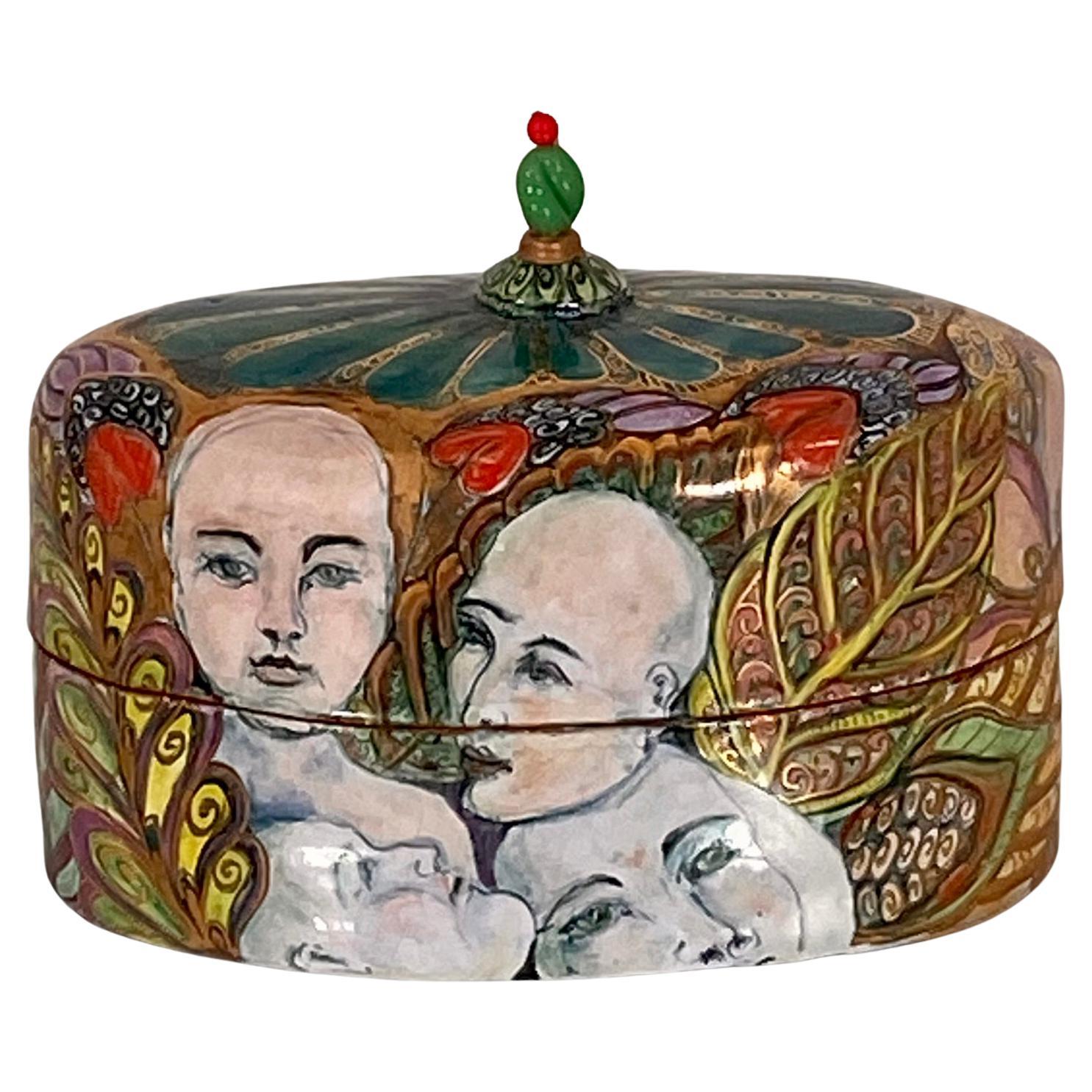 Rosalie Wynkoop Vintage Studio Art Pottery Lidded Box Tin Glazed Terracotta (Boîte à couvercle en étain émaillé)