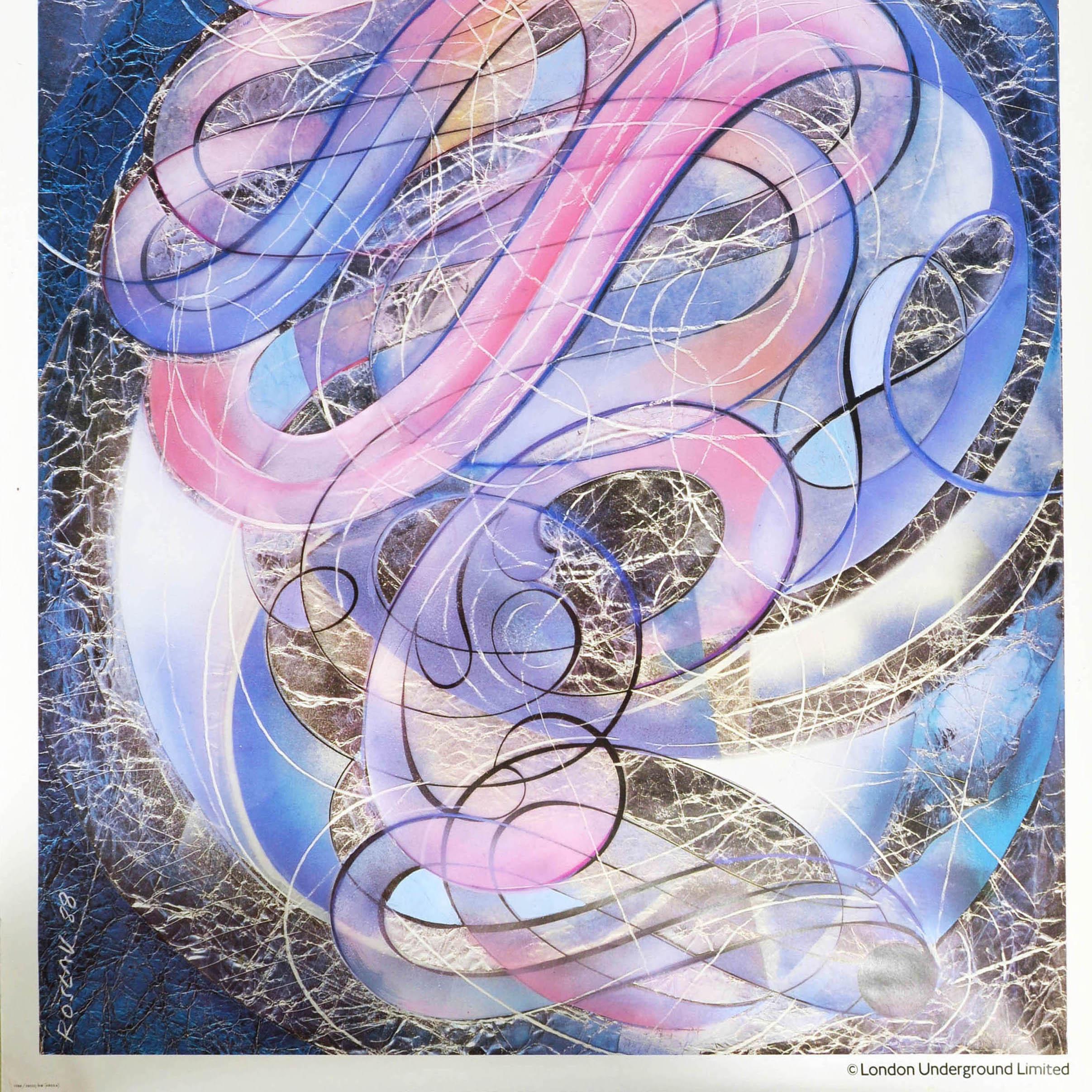 Original vintage London Underground poster - Get your skates on, by Tube nearest stations Bayswater, Queensway and Richmond - featuring a stunning abstract design showing the swirling movement of an ice skater in shades of purple and blue on the ice