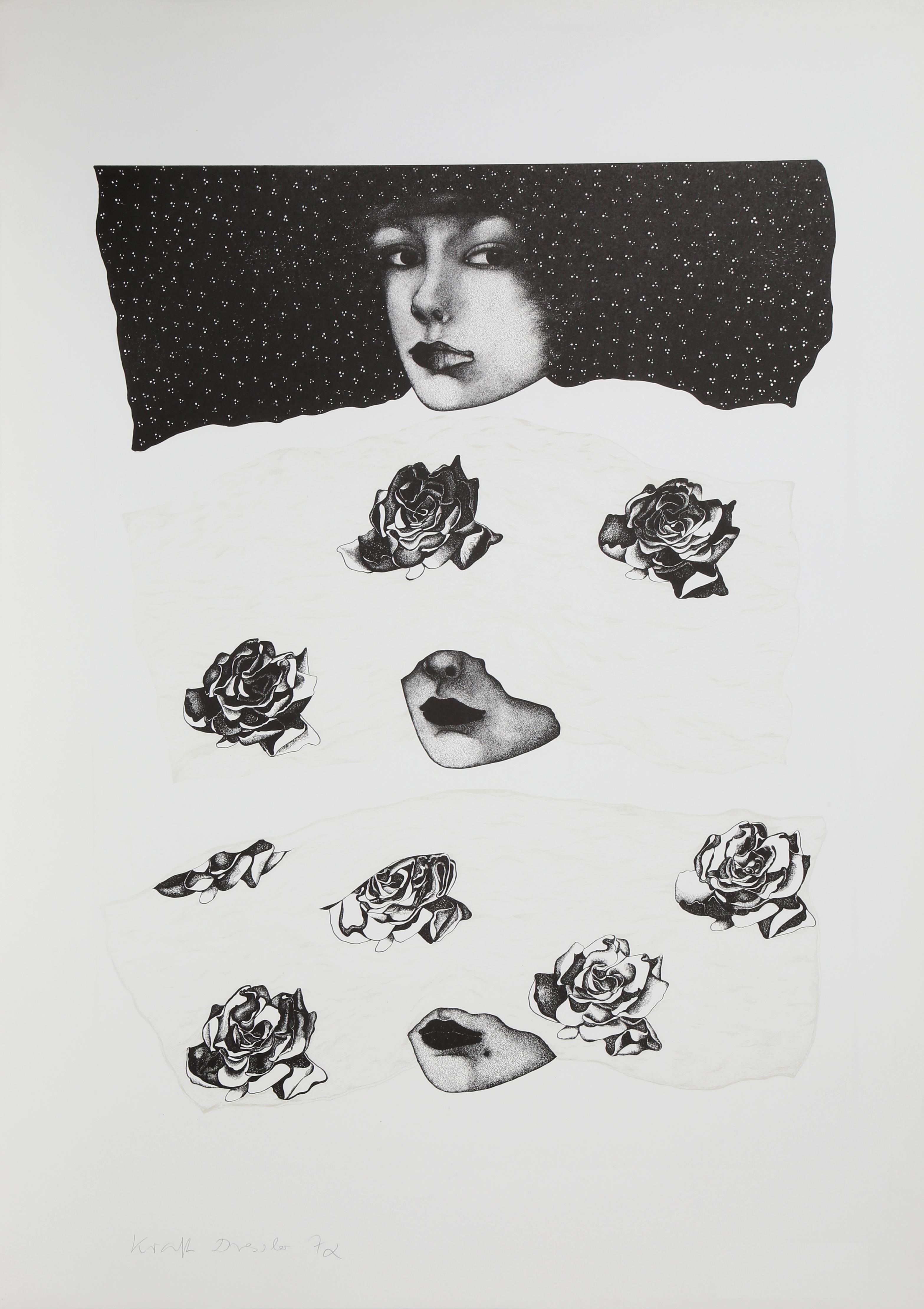 A monotone screenprint by American Pop artist Rosalyn Kraft Drexler plays into a bit of Surrealism, with repeating motifs of roses and the lower portion of a woman's face scattered across the composition. This print is signed by the artist in