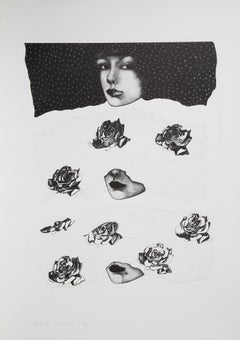 Woman and Roses, Surrealist Screenprint by Rosalyn Drexler