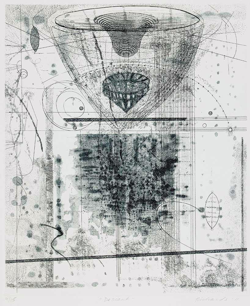 In Descent, Rosalyn Richards explores gravity, structure, and dissolution through a spare yet complex abstract composition. Layered etching and aquatint form a suspended, funnel-like geometry that appears to pull the surrounding marks inward,
