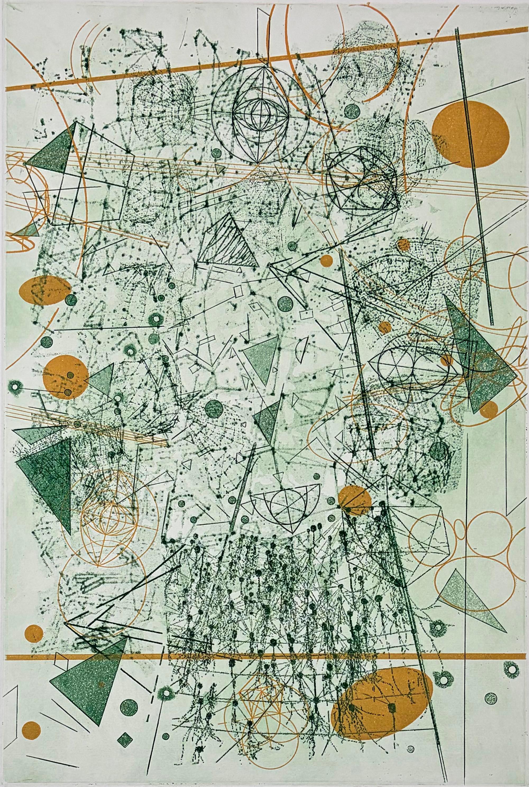 Falling Fragments by Rosalyn Richards is a layered abstract composition that balances precision and spontaneity. Interlocking geometric forms—circles, triangles, arcs, and linear vectors—float across a softly textured ground, creating a visual field