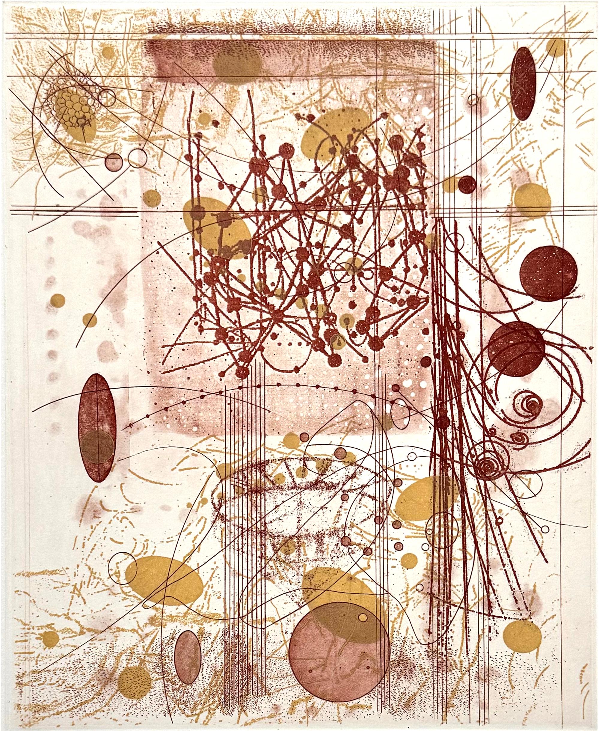 Medium: etching and aquatint
Image size: 10 × 8
Edition: 10
Year: 2022

Abstracted image of particles in motion.

Rosalyn Richards has been a member of the Bucknell University art faculty since 1982. Images from particle physics, satellite