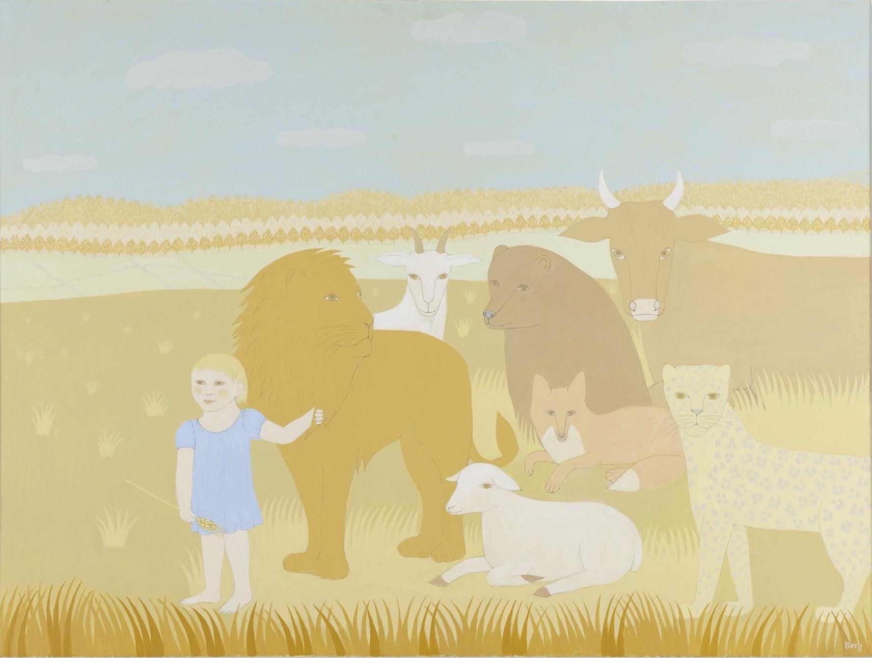 Rosamond Berg
Peaceable Kingdom IV
1974/76
Acrylic and graphite on canvas
36 h × 48 w in (91 × 122 cm)
Signed, titled and dated to verso 'Rosamond Berg Peaceable Kingdom IV 1974'.

This painting depicting a little girl amongst a cow, lion, fox,