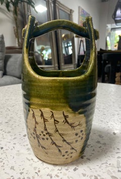 Rosanjin Kitaoji Signed Oribe Ware Tall Basket Vase Original Signed & Sealed Box