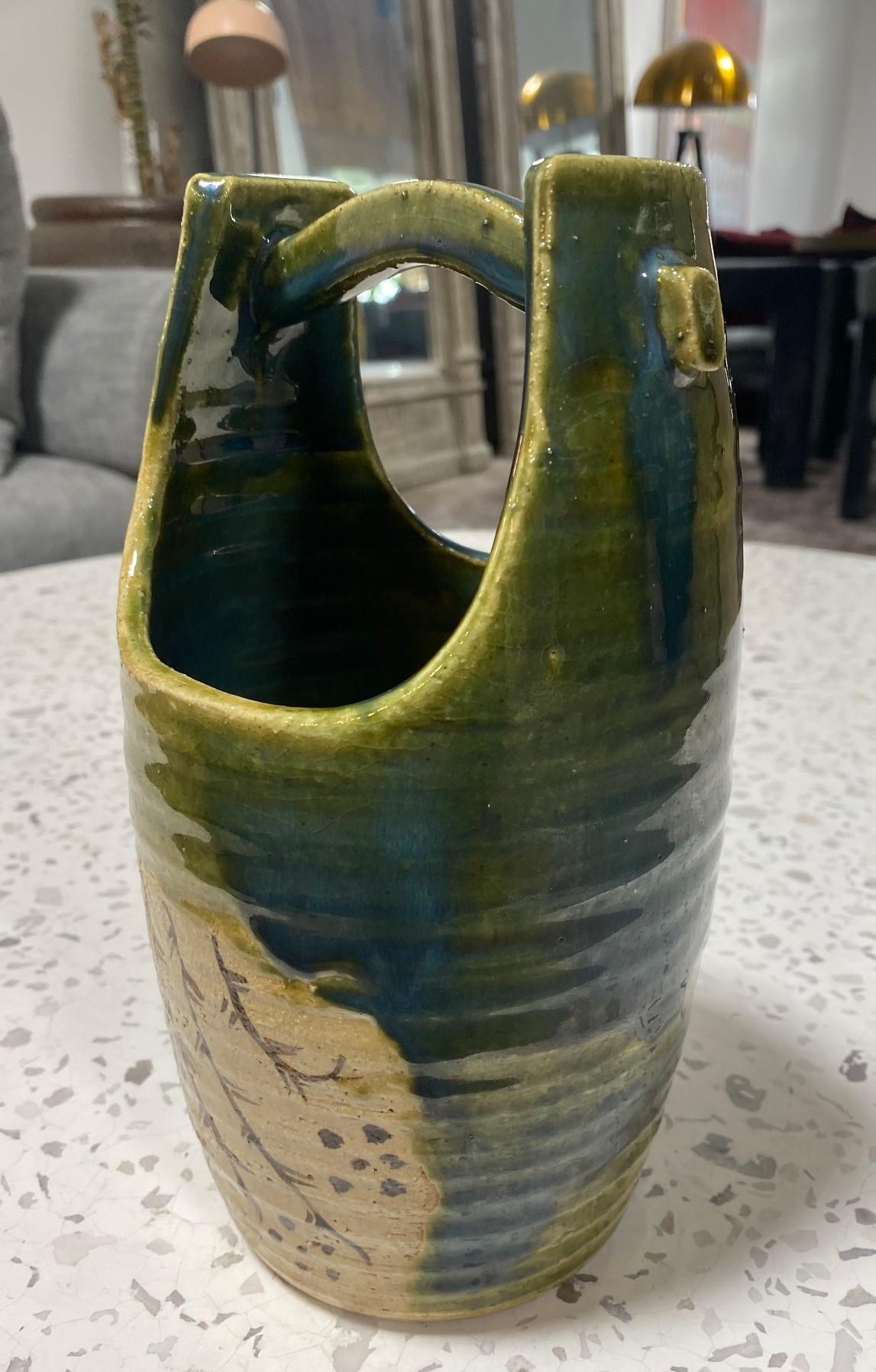Glazed Rosanjin Kitaoji Signed Oribe Ware Tall Basket Vase Original Sealed Signed Box For Sale