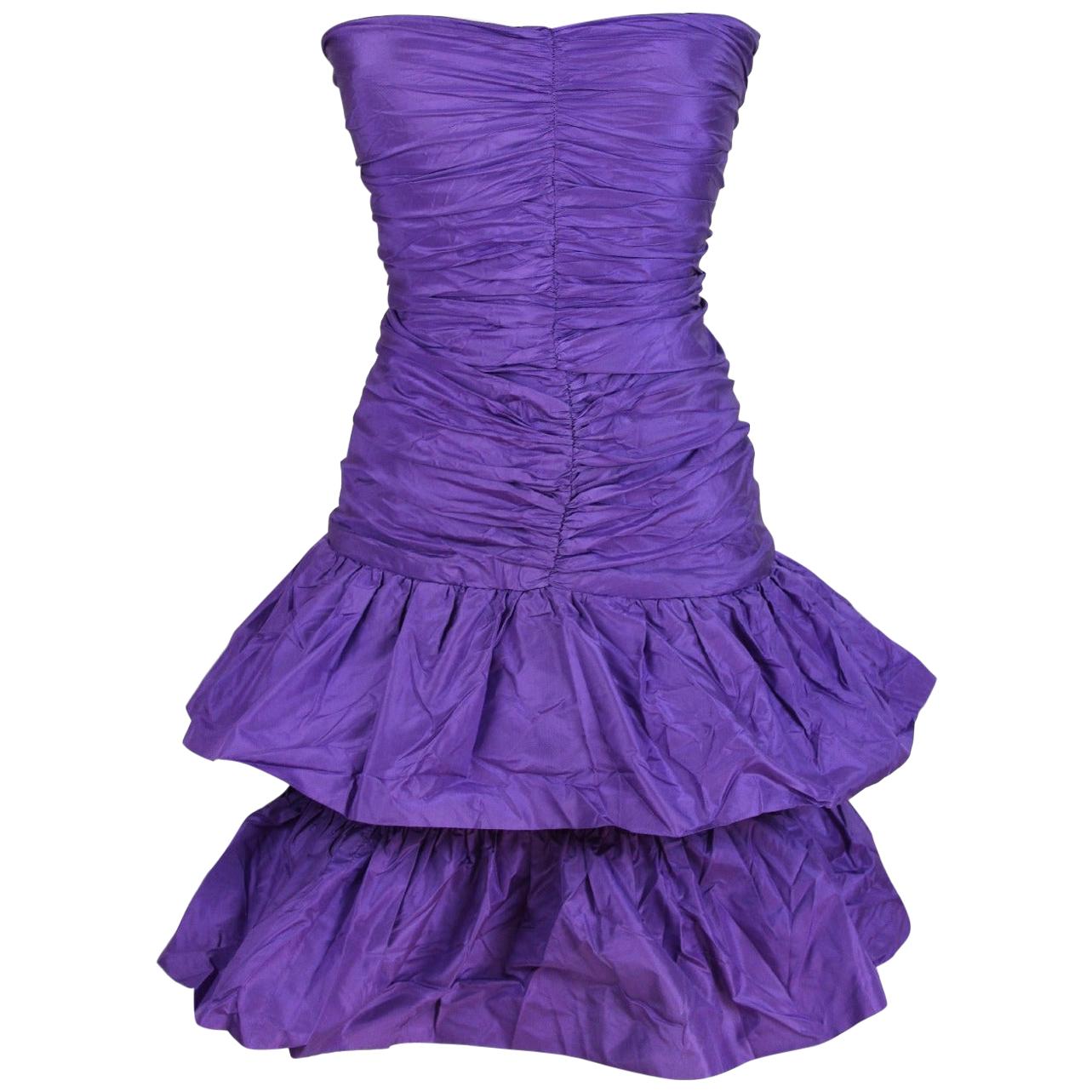 Rosanna Manzoni Purple Silk Chiffon Strapless Cocktail Dress 1980s 