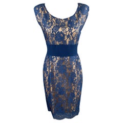 ROSANNA MANZONI Size 10 Blue Silk Lace Shift Cocktail Dress