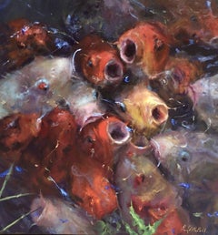 Rosanne Cerbo, „Big Mouths“, 20x20 Koi-Fischgarten, Original Ölgemälde auf Leinwand