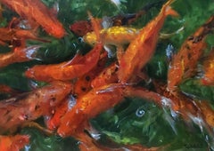 Rosanne Cerbo, "Dancing Koi", pittura ad olio su tela 18x24 su laghetto di pesci Koi
