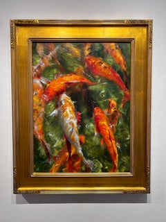 Rosanne Cerbo, "Koi Chums", 24x18 Koi Fish Pond Oil Painting on Canvas