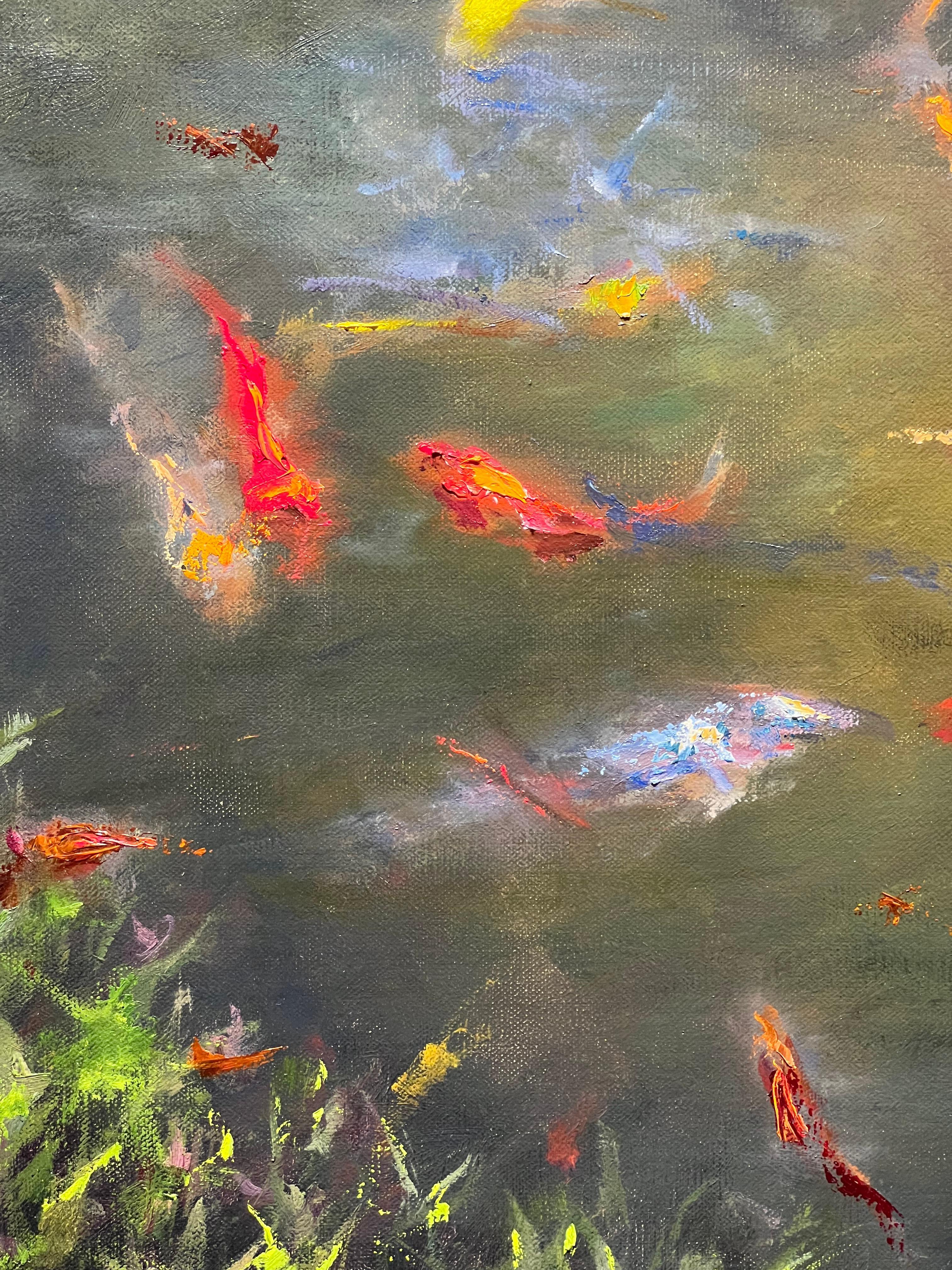 Rosanne Cerbo, Koi Pond, peinture à l'huile sur toile colorée de Koi Fish, 24x24 en vente 3