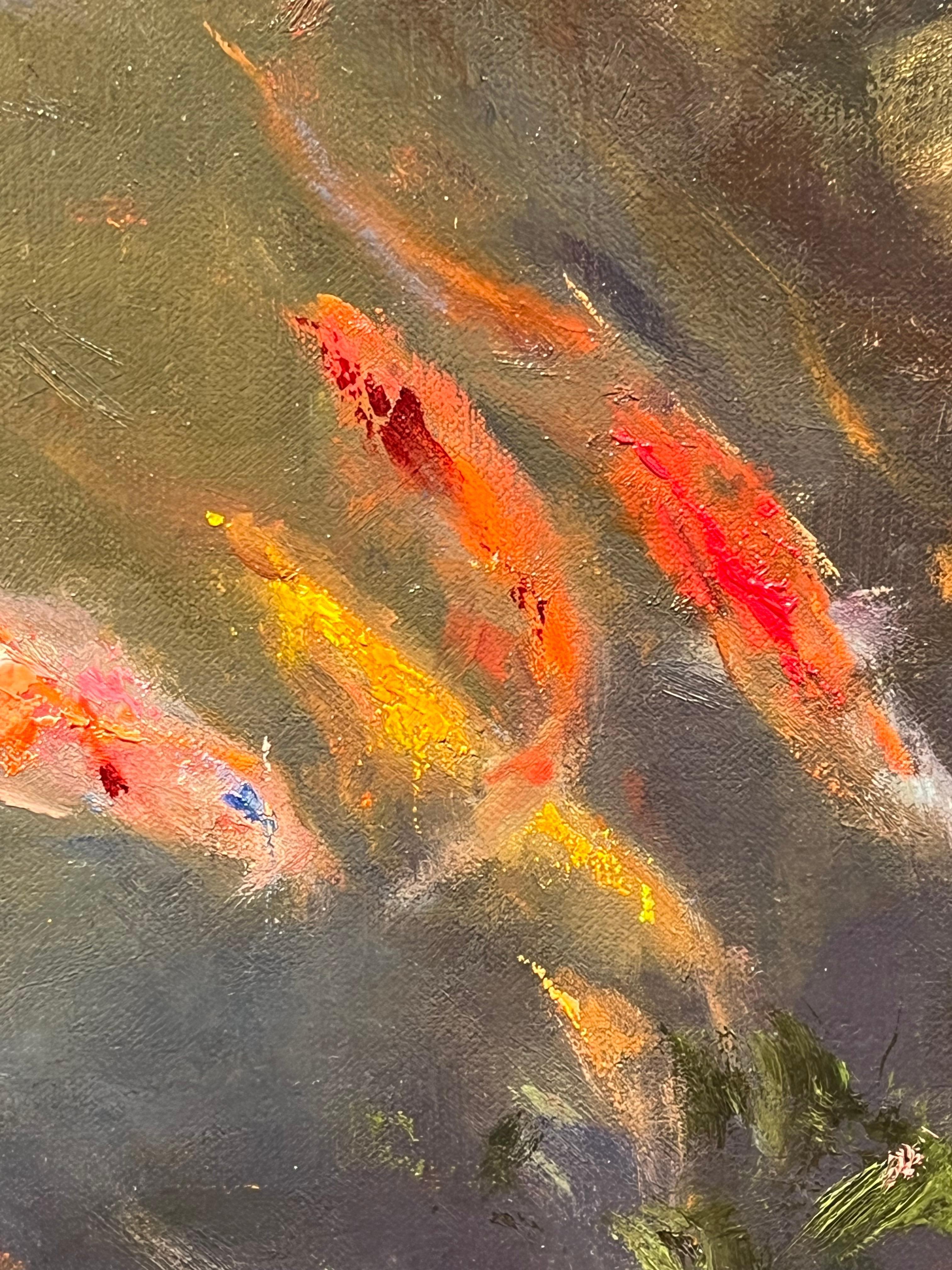 Rosanne Cerbo, Koi Pond, peinture à l'huile sur toile colorée de Koi Fish, 24x24 en vente 4