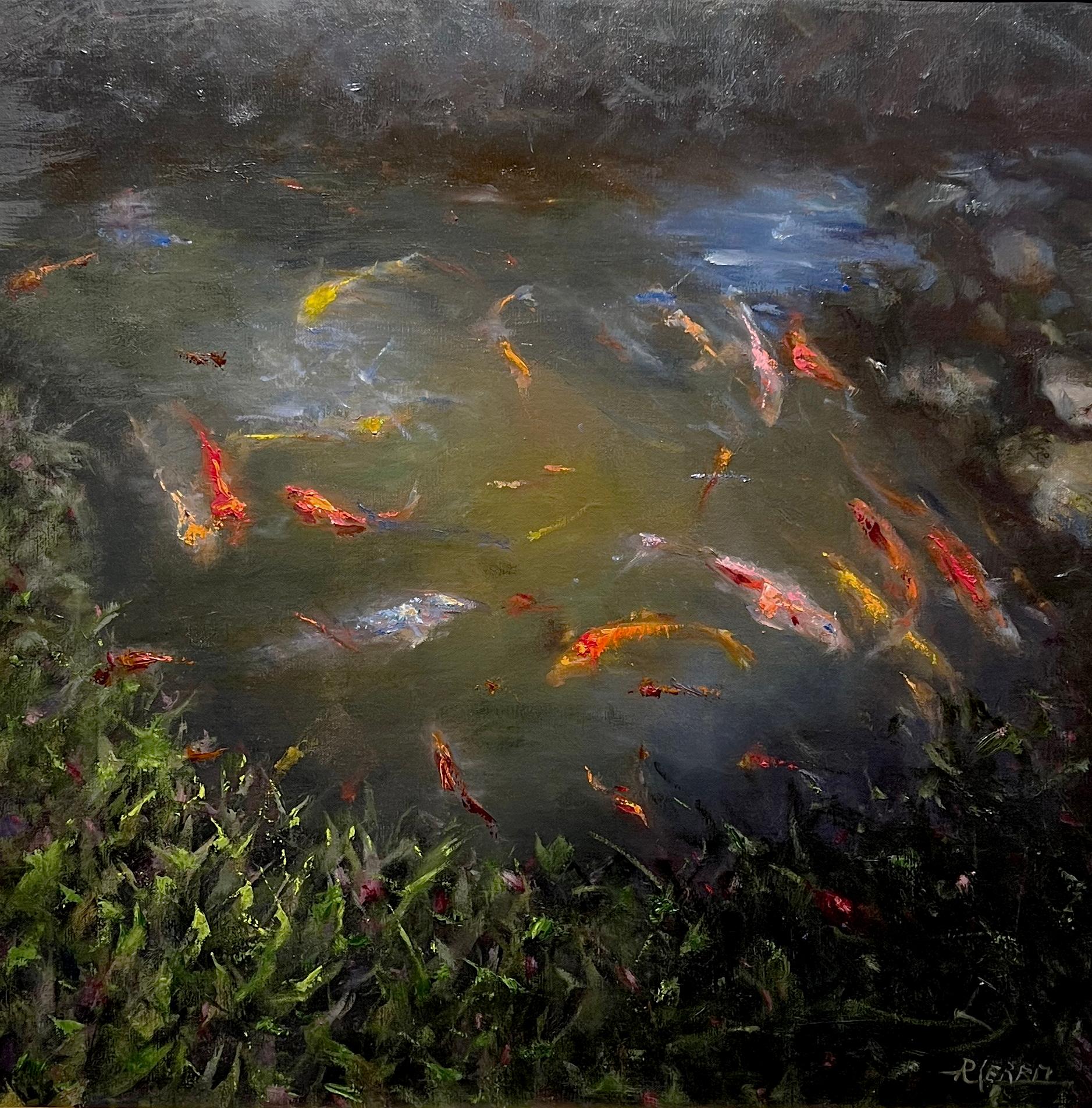 Rosanne Cerbo, Koi Pond, peinture à l'huile sur toile colorée de Koi Fish, 24x24