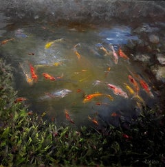 Rosanne Cerbo, "Koi Pond", 24x24 Colorful Koi Fish Oil Painting on Canvas