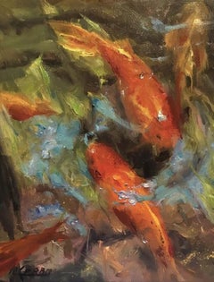 Rosanne Cerbo, "Reflejos koi", 14x11 Pintura al óleo sobre lienzo Estanque de peces koi