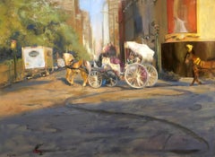 Rosanne Cerbo, « NYC Taxis », peinture à l'huile - Voiture de chevaux de Manhattan 30x40