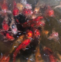 Rosanne Cerbo, "The Beauty of Koi", 24x24 Koi Fish Pond Oil Painting on Canvas