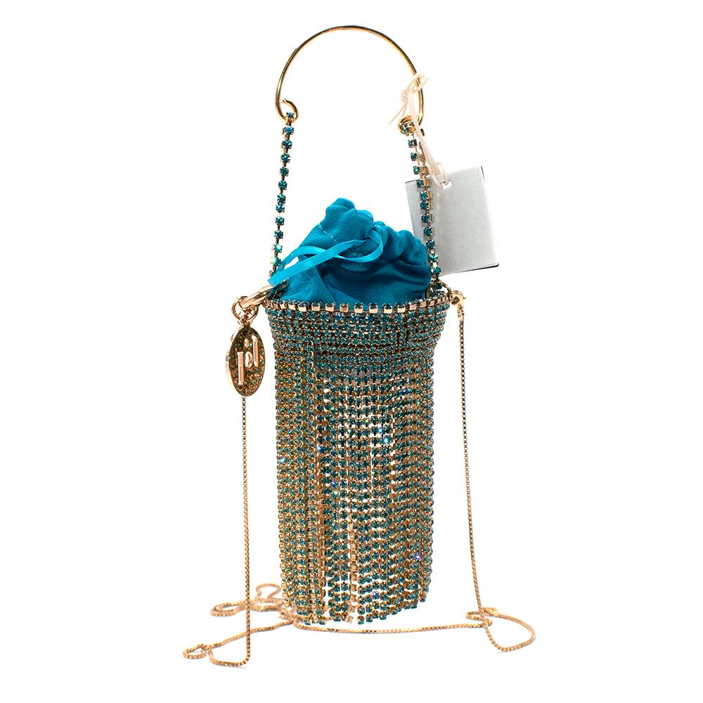 Rosantica Baby Ghizlan Mini crystal-embellished satin bag

- Gold mini link chain to wear cross body which is detachable
- Blue sheer pouch with drawstring opening
- Embellished with blue crystal tassels with a gold hardware base
- Glass bottom
-
