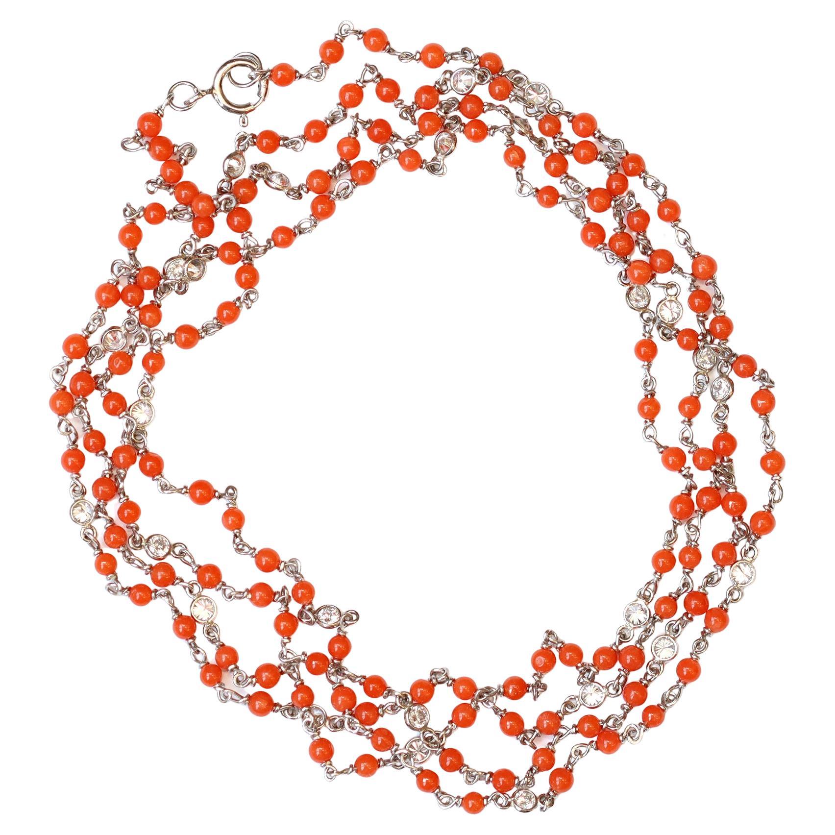 Rosaria Varra Coral and Diamond Opera Necklace set in Platinum