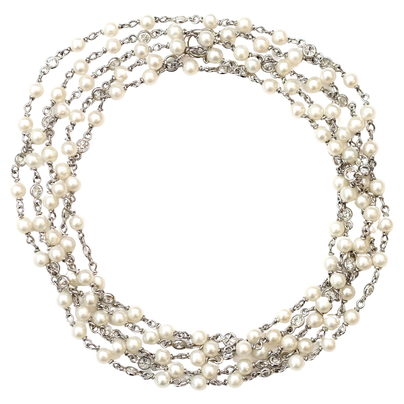 Rosaria Varra Seed Pearl and Diamond Opera Necklace in Platinum
