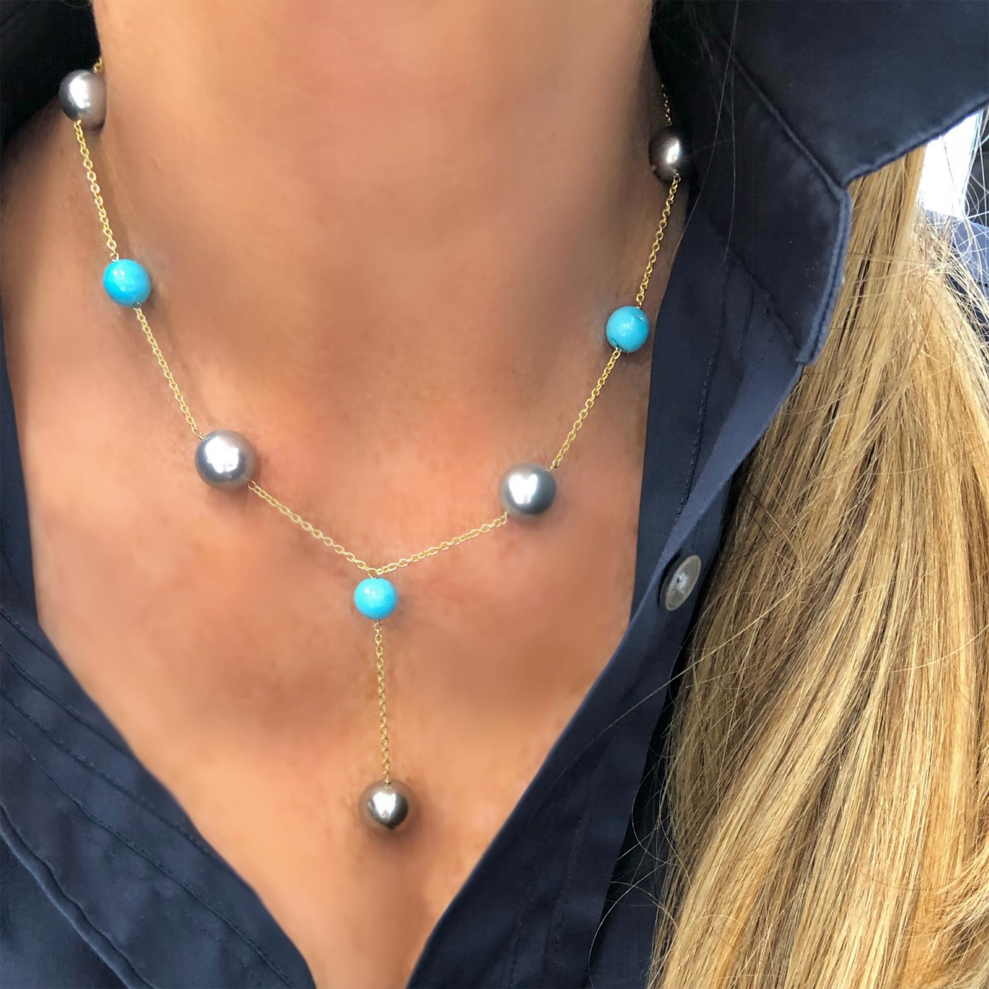 Contemporary Rosaria Varra Tahitian Pearl and Turquoise Bead Lariat Necklace in 18k For Sale