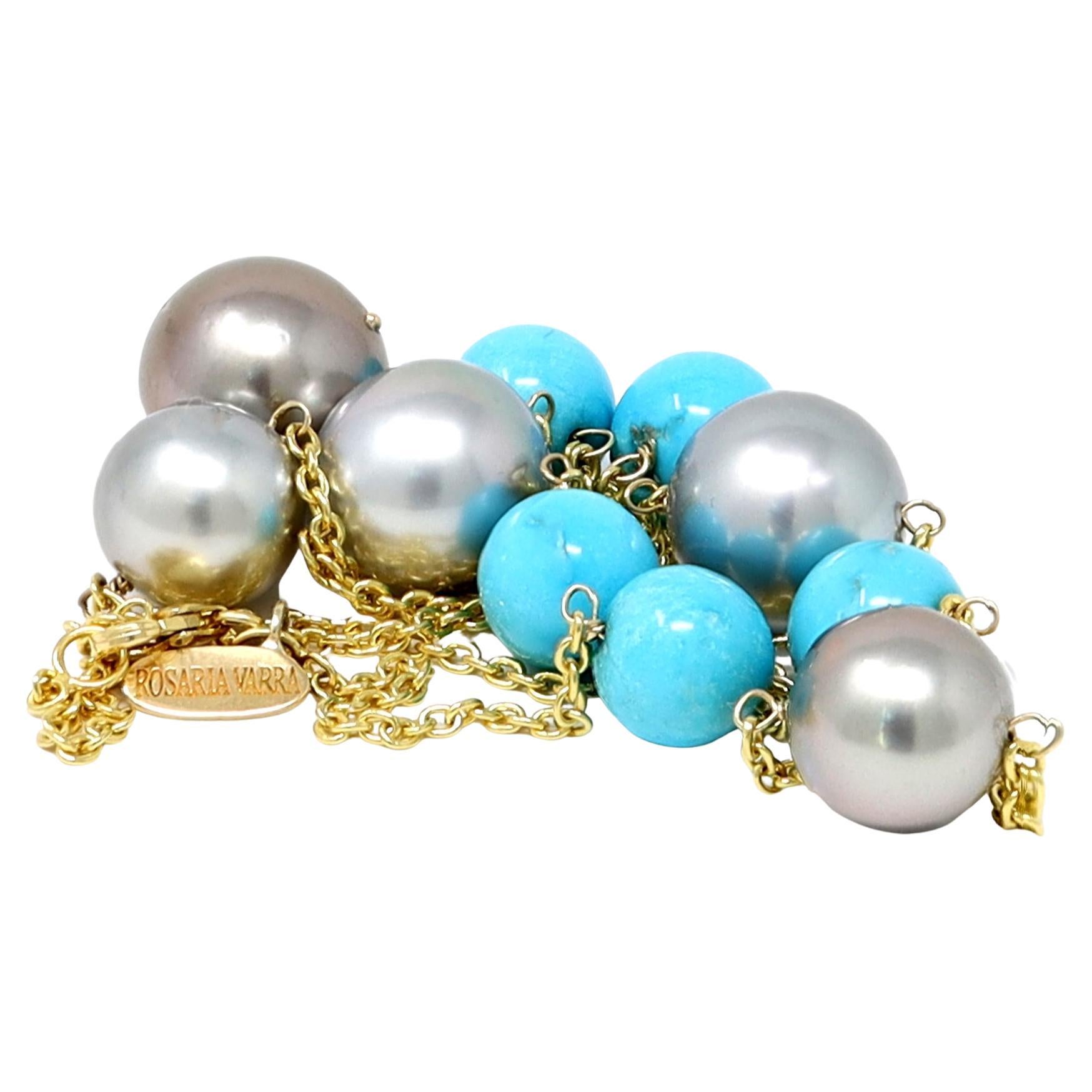 Rosaria Varra Lariat Halskette aus 18 Karat Tahiti-Perlen und türkisfarbenen Perlen