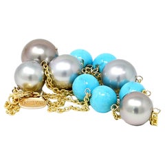 Rosaria Varra Tahitian Pearl and Turquoise Bead Lariat Necklace in 18k