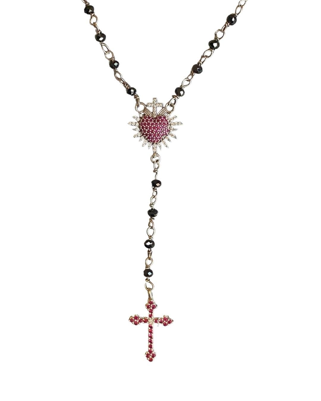 Rosenkranz 18kt Gold Heiliges Herz Rubine Diamanten im Zustand „Neu“ im Angebot in Roma, RM