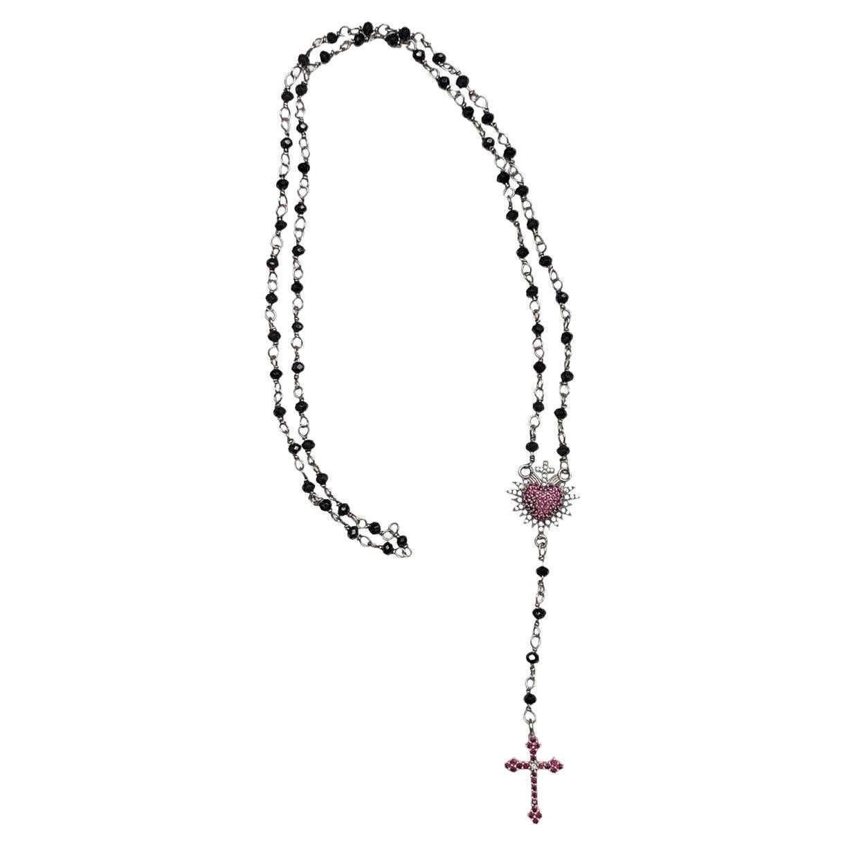 Rosenkranz 18kt Gold Heiliges Herz Rubine Diamanten im Angebot