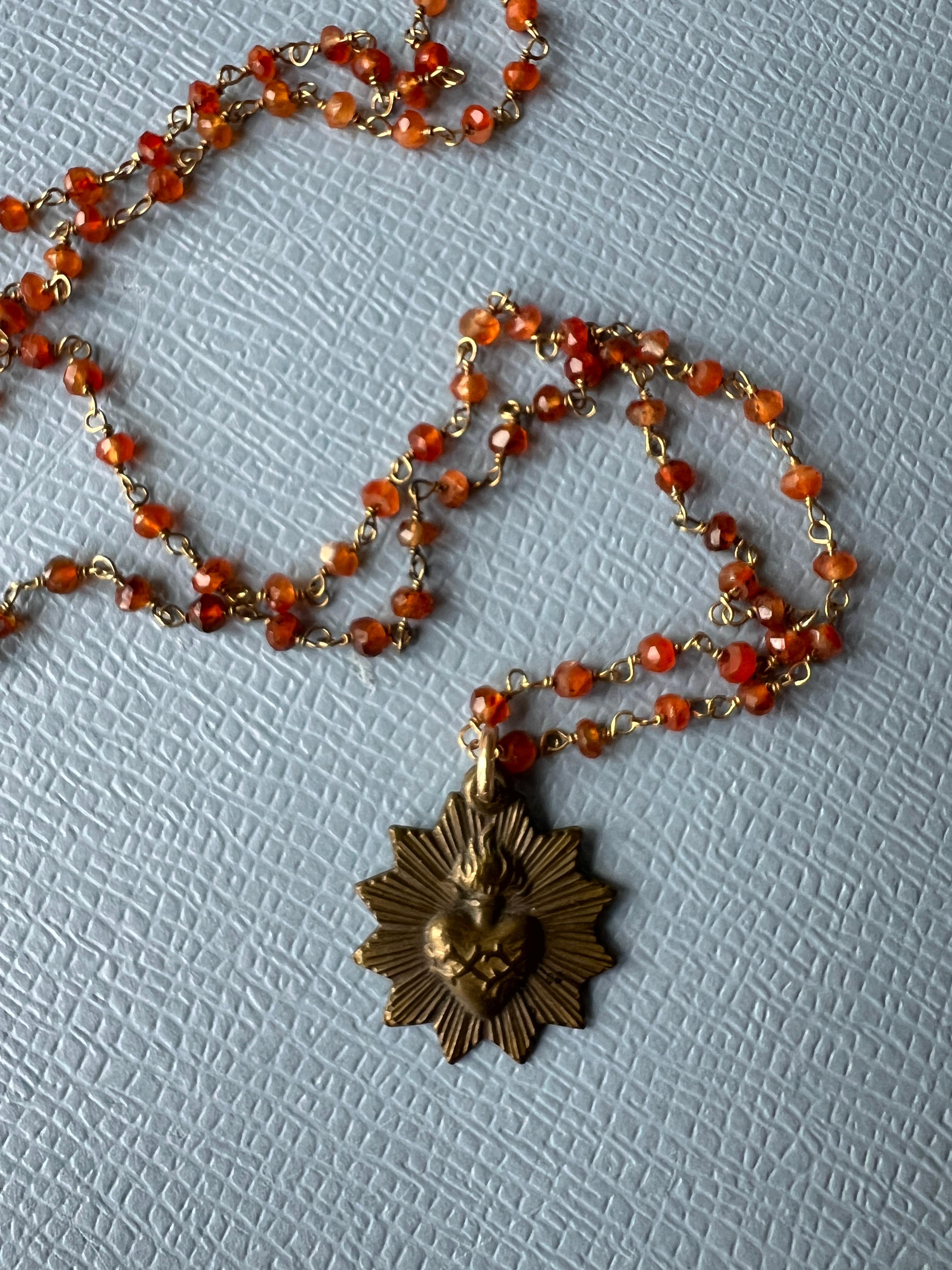 Rosario Beaded Chain Necklace Vintage French Medal Sacred Heart 5