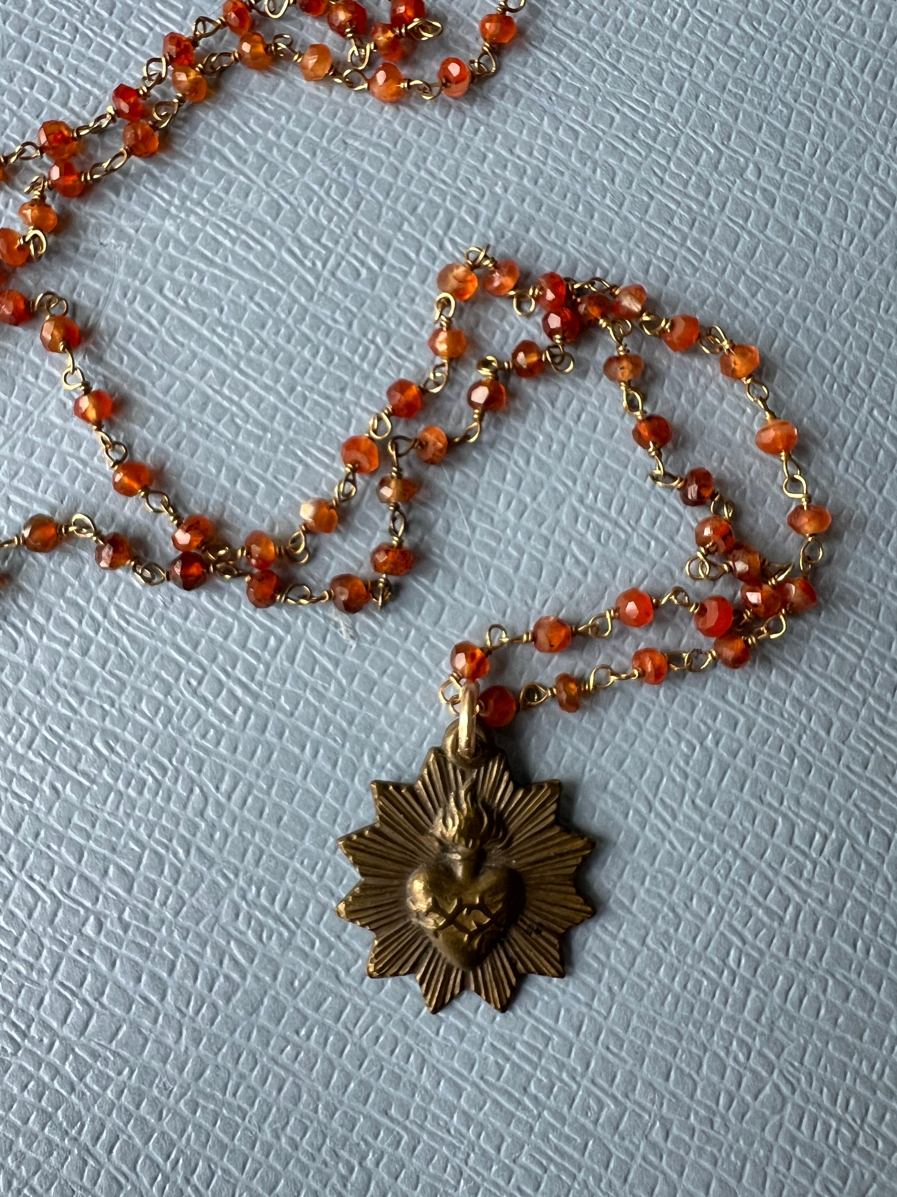 Rosario Beaded Chain Necklace Vintage French Medal Sacred Heart 6