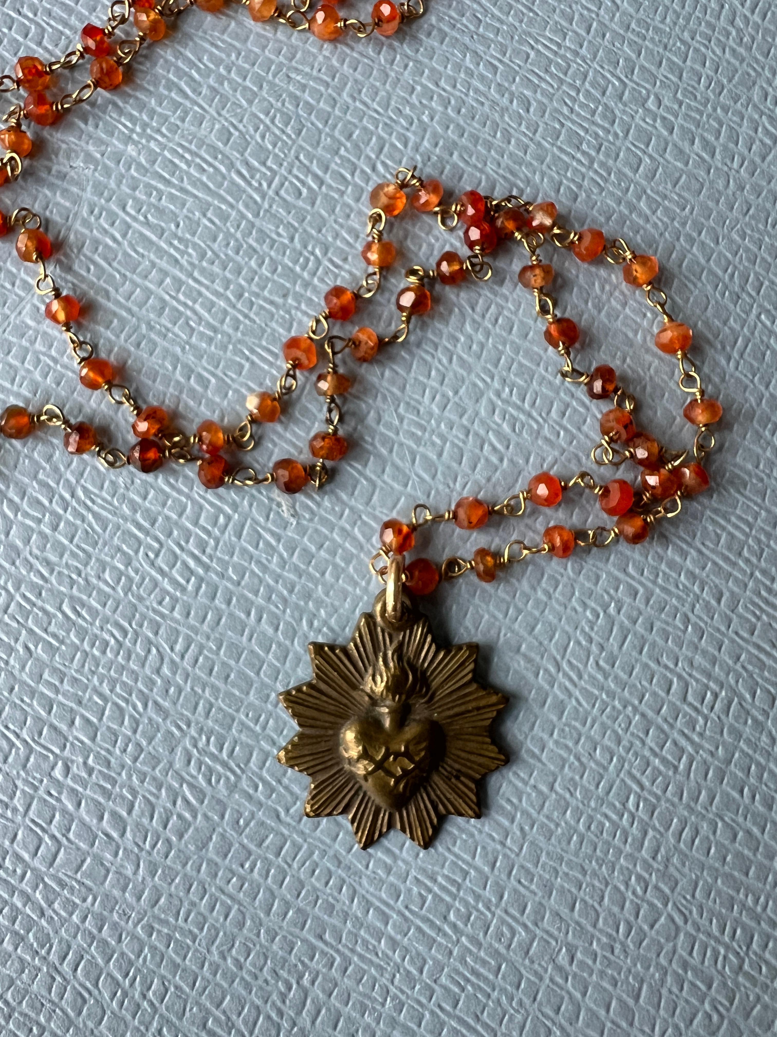 Rosario Beaded Chain Necklace Vintage French Medal Sacred Heart 7