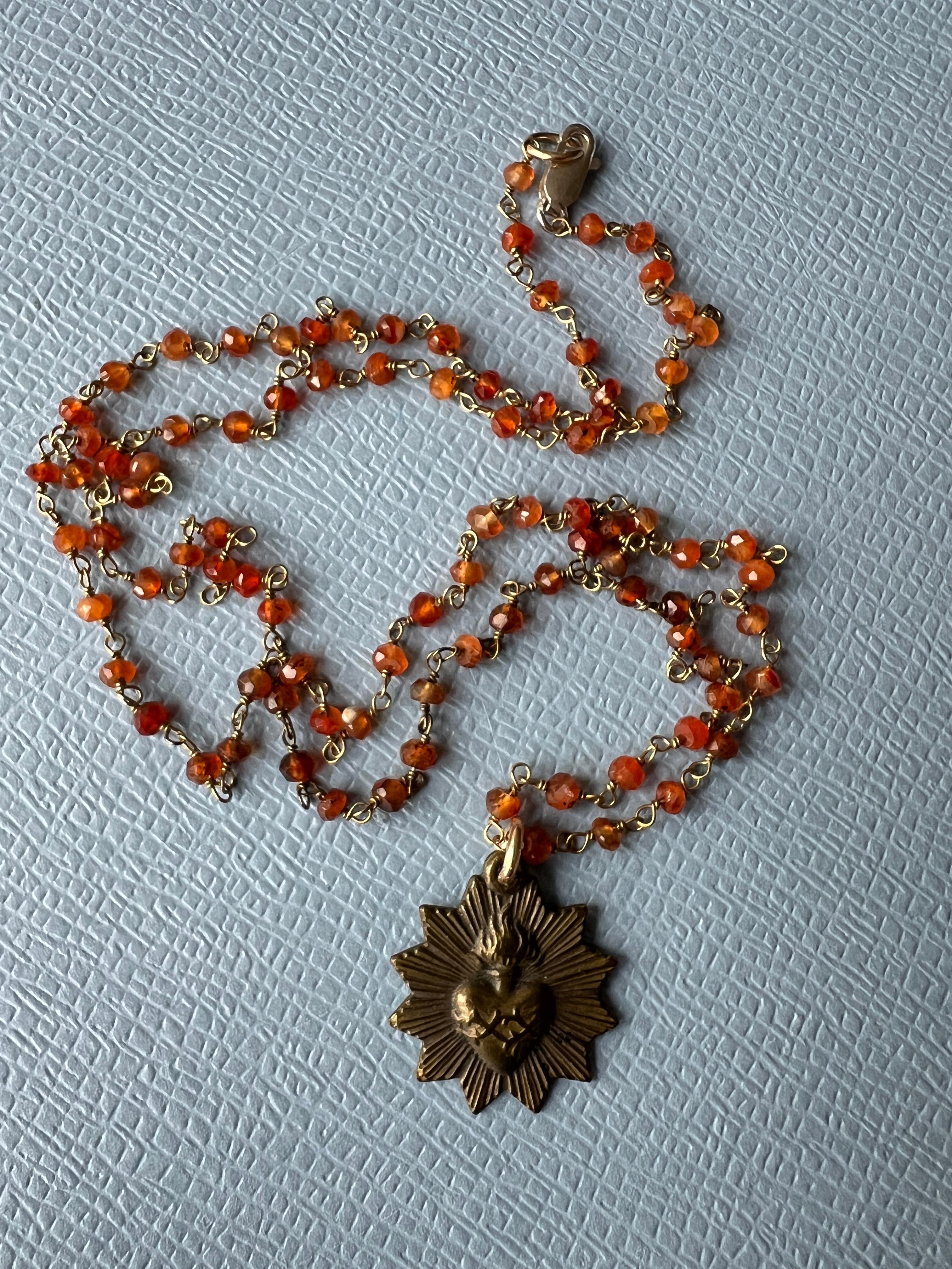 Rosario Beaded Chain Necklace Vintage French Medal Sacred Heart 9