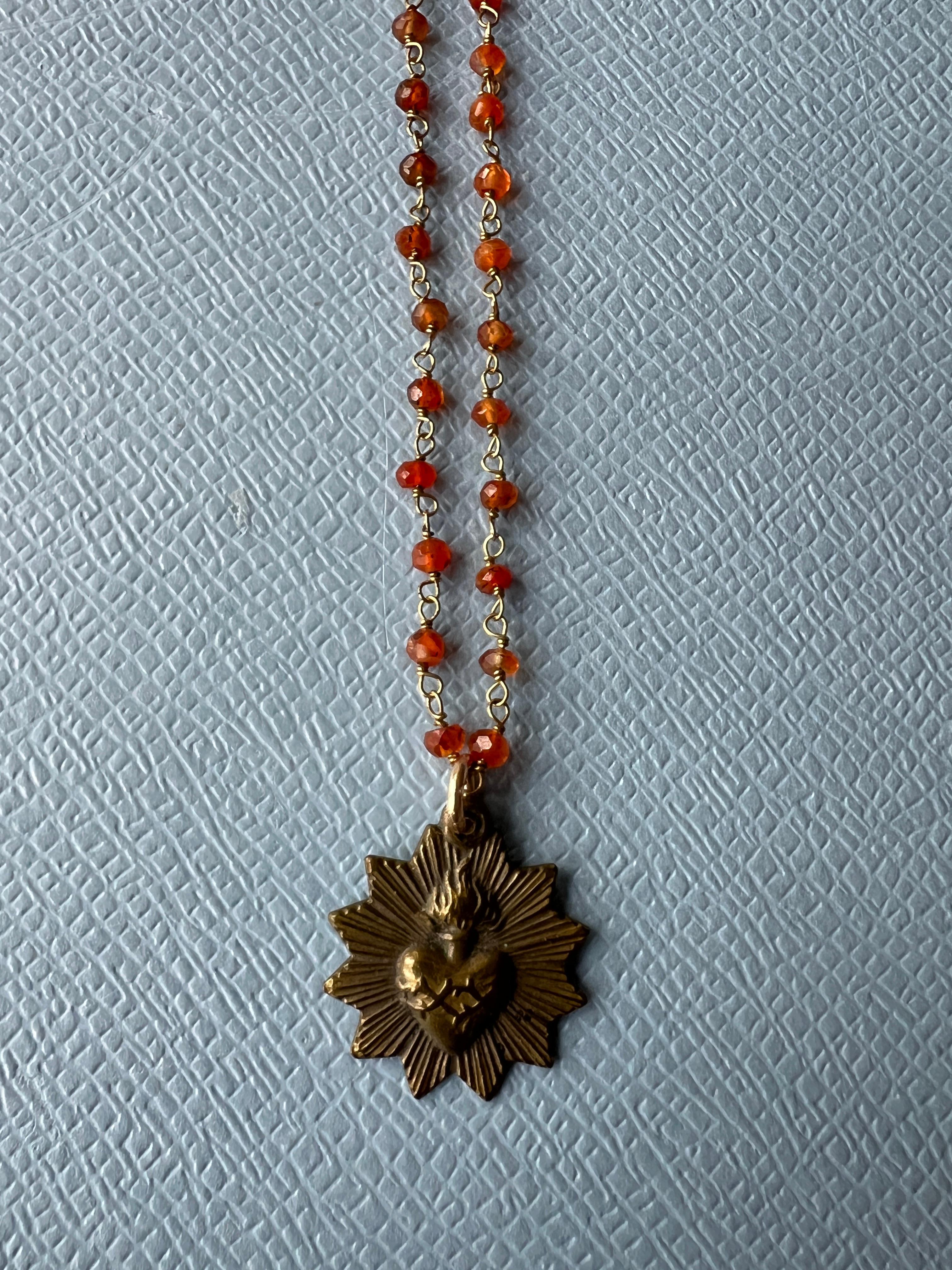 Rosario Beaded Chain Necklace Vintage French Medal Sacred Heart 1