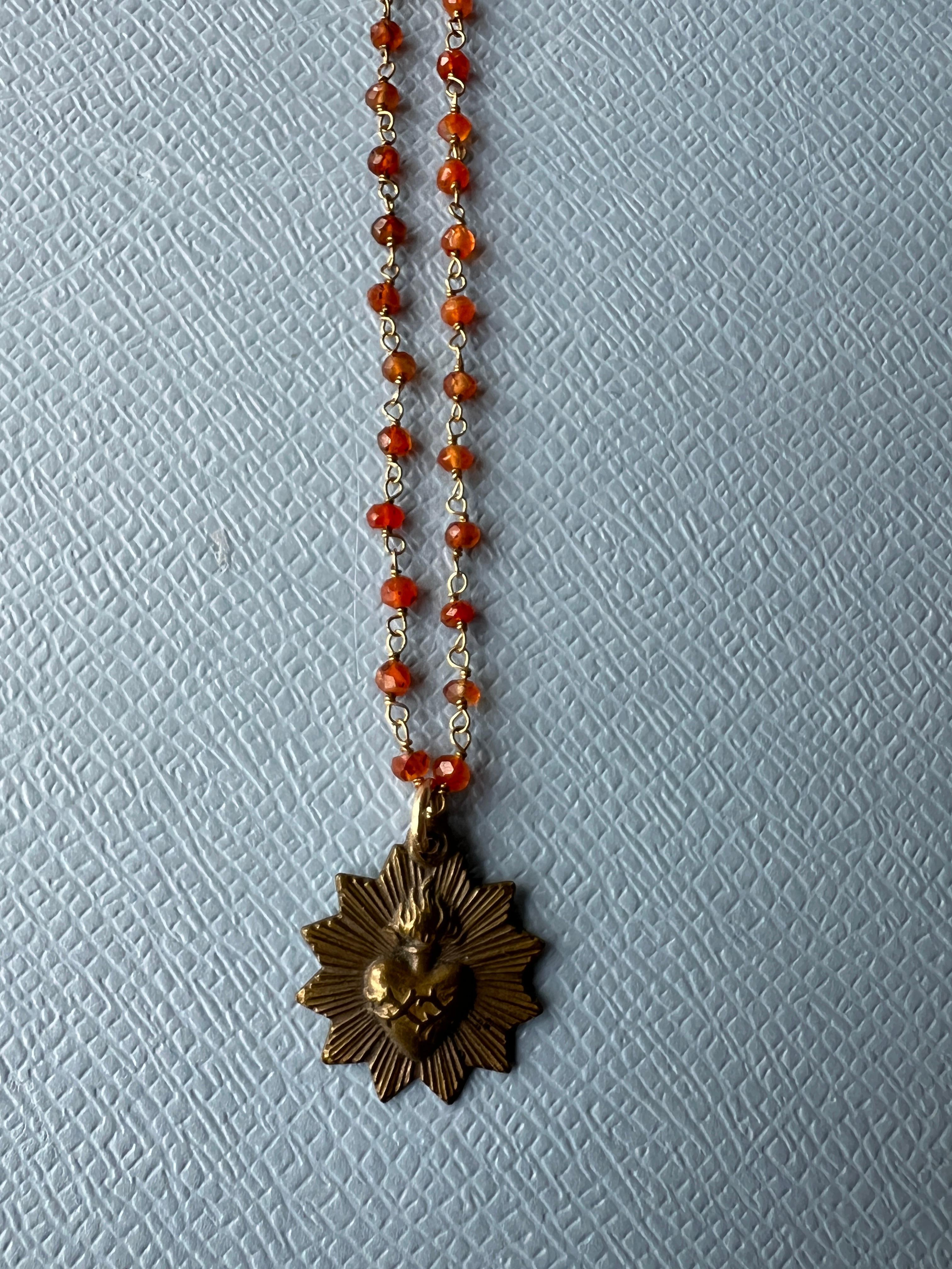 Rosario Beaded Chain Necklace Vintage French Medal Sacred Heart 2