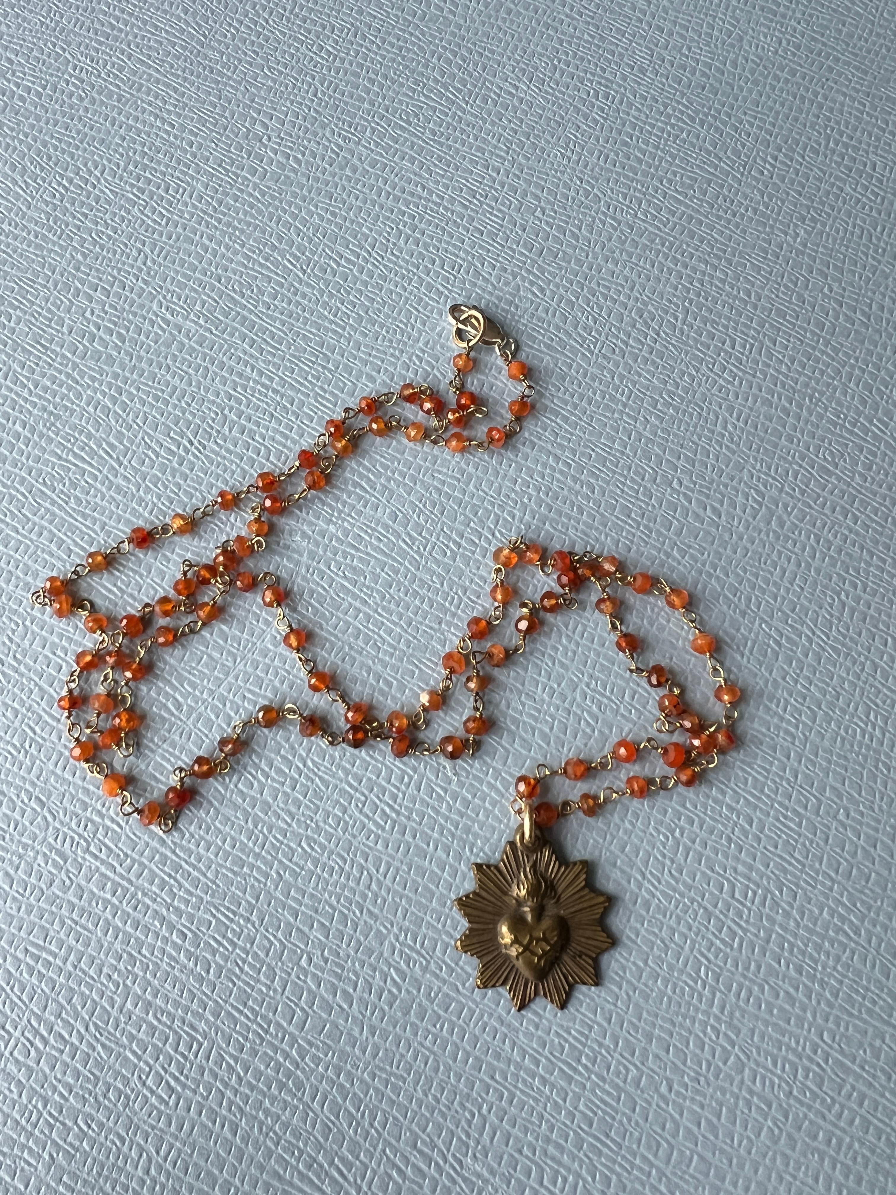 Rosario Beaded Chain Necklace Vintage French Medal Sacred Heart 3