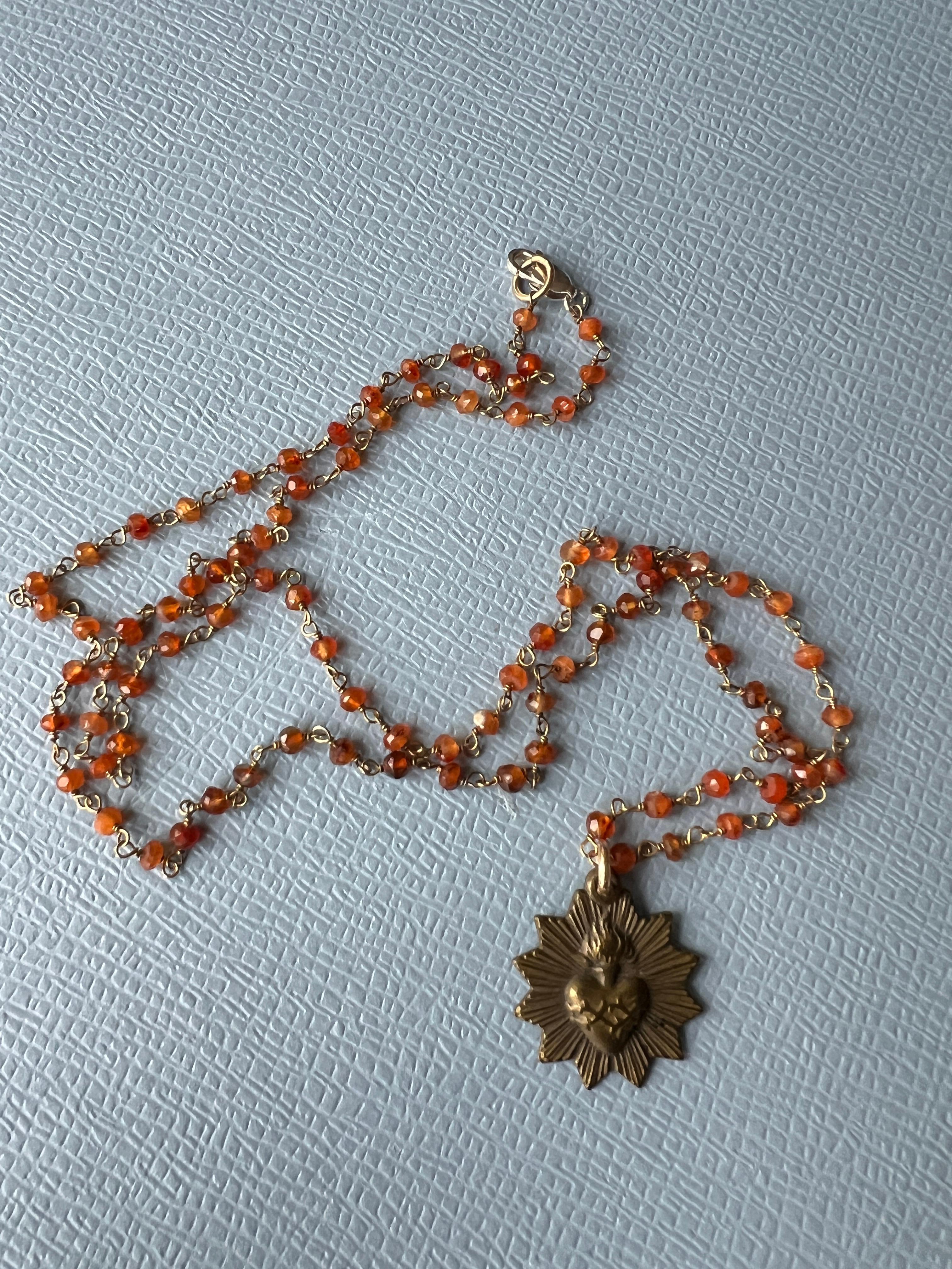 Rosario Beaded Chain Necklace Vintage French Medal Sacred Heart 4