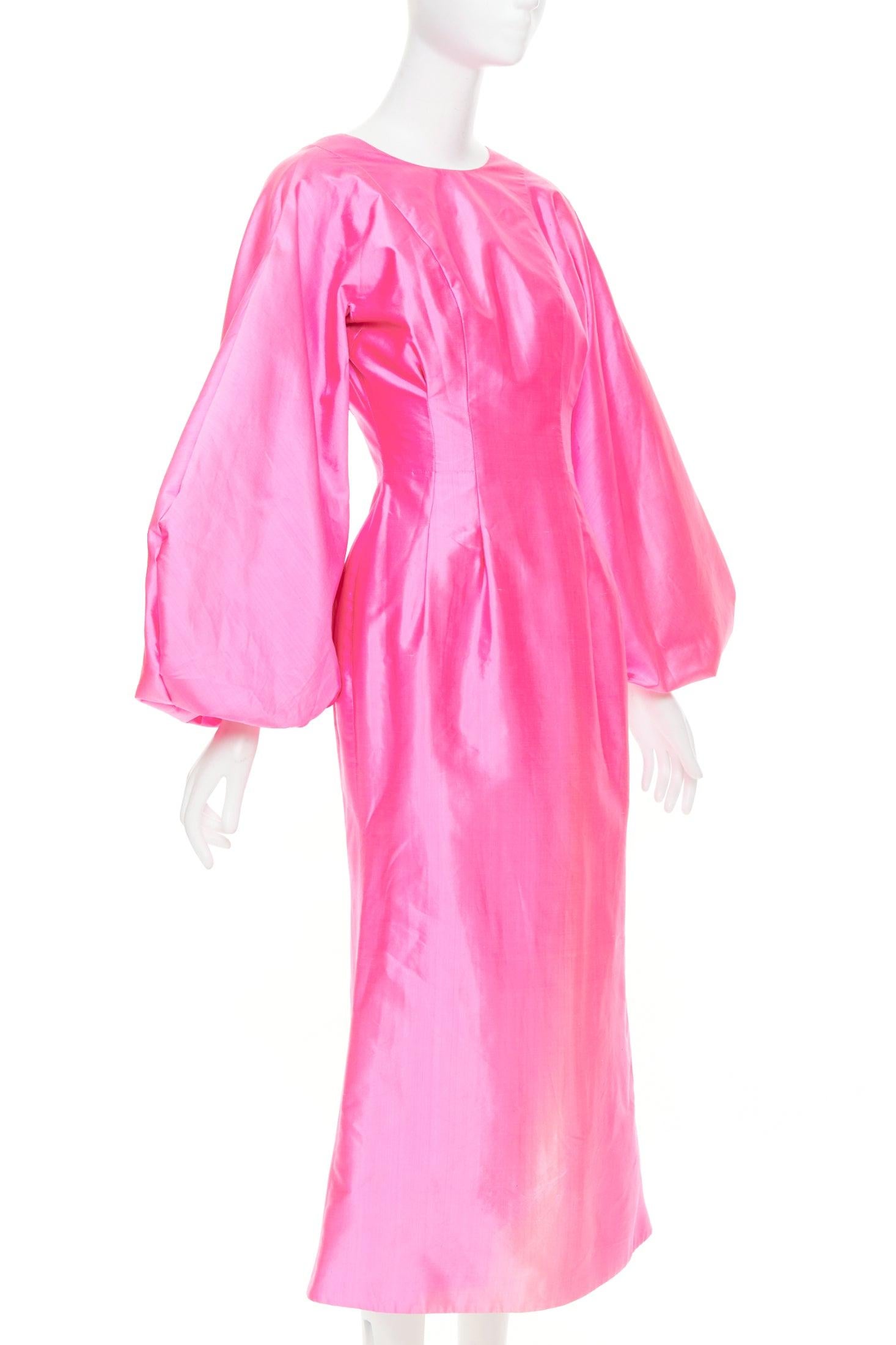 ROSARIO rosa picante 100% seda brillante mangas abullonadas cintura ceñida vestido midi FR36 S Rosa en venta