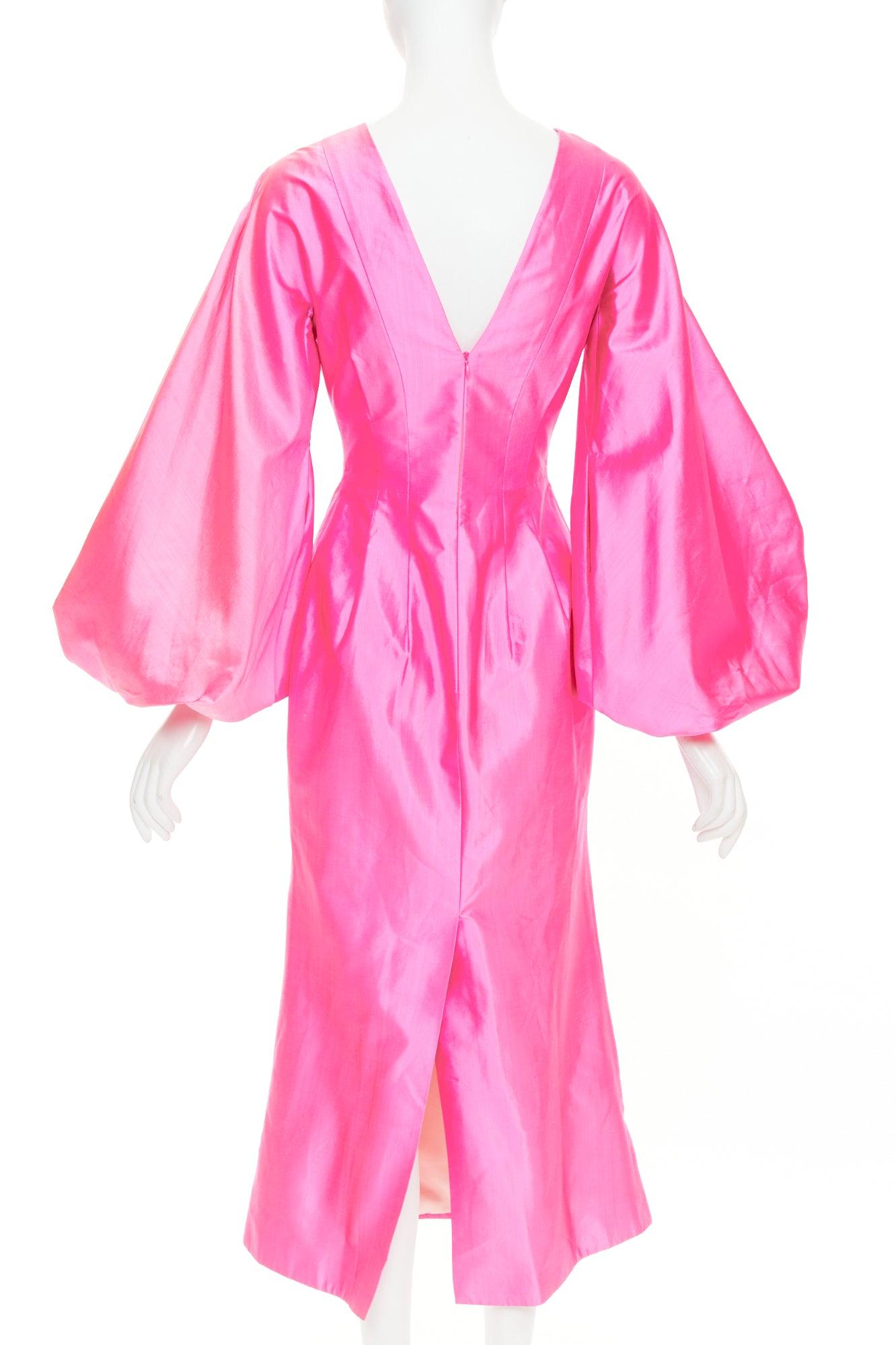 De las mujeres ROSARIO rosa picante 100% seda brillante mangas abullonadas cintura ceñida vestido midi FR36 S en venta