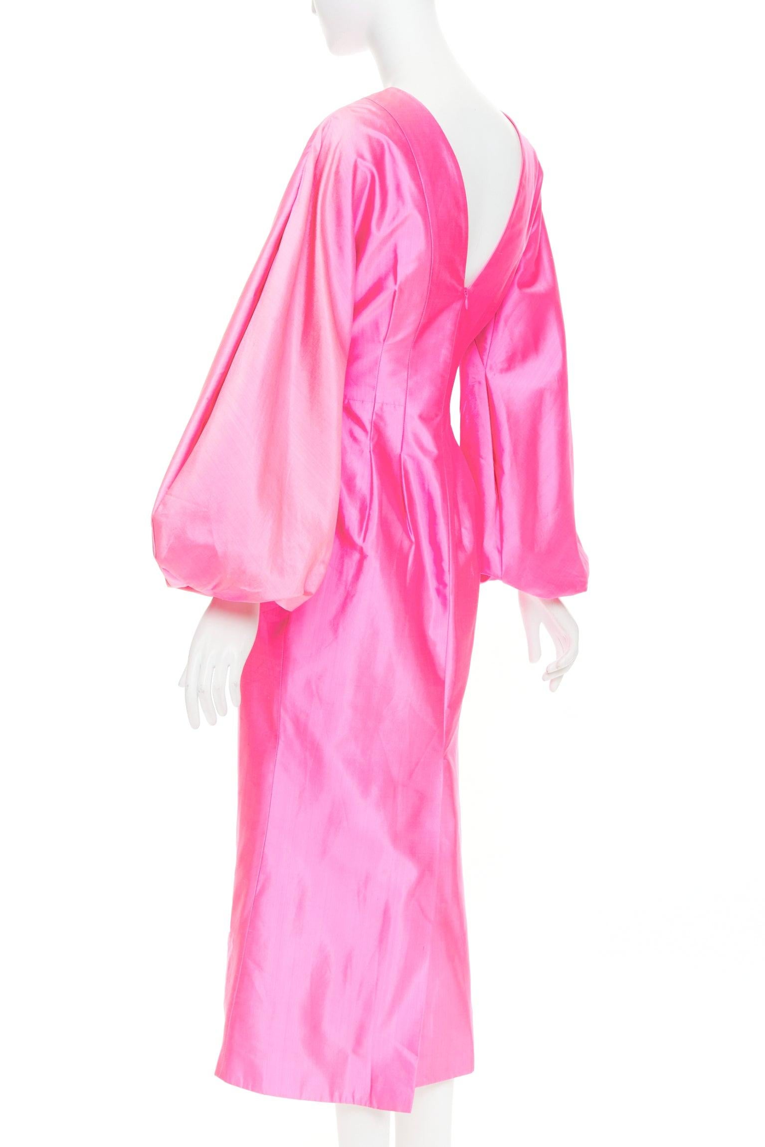 ROSARIO rosa picante 100% seda brillante mangas abullonadas cintura ceñida vestido midi FR36 S en venta 1