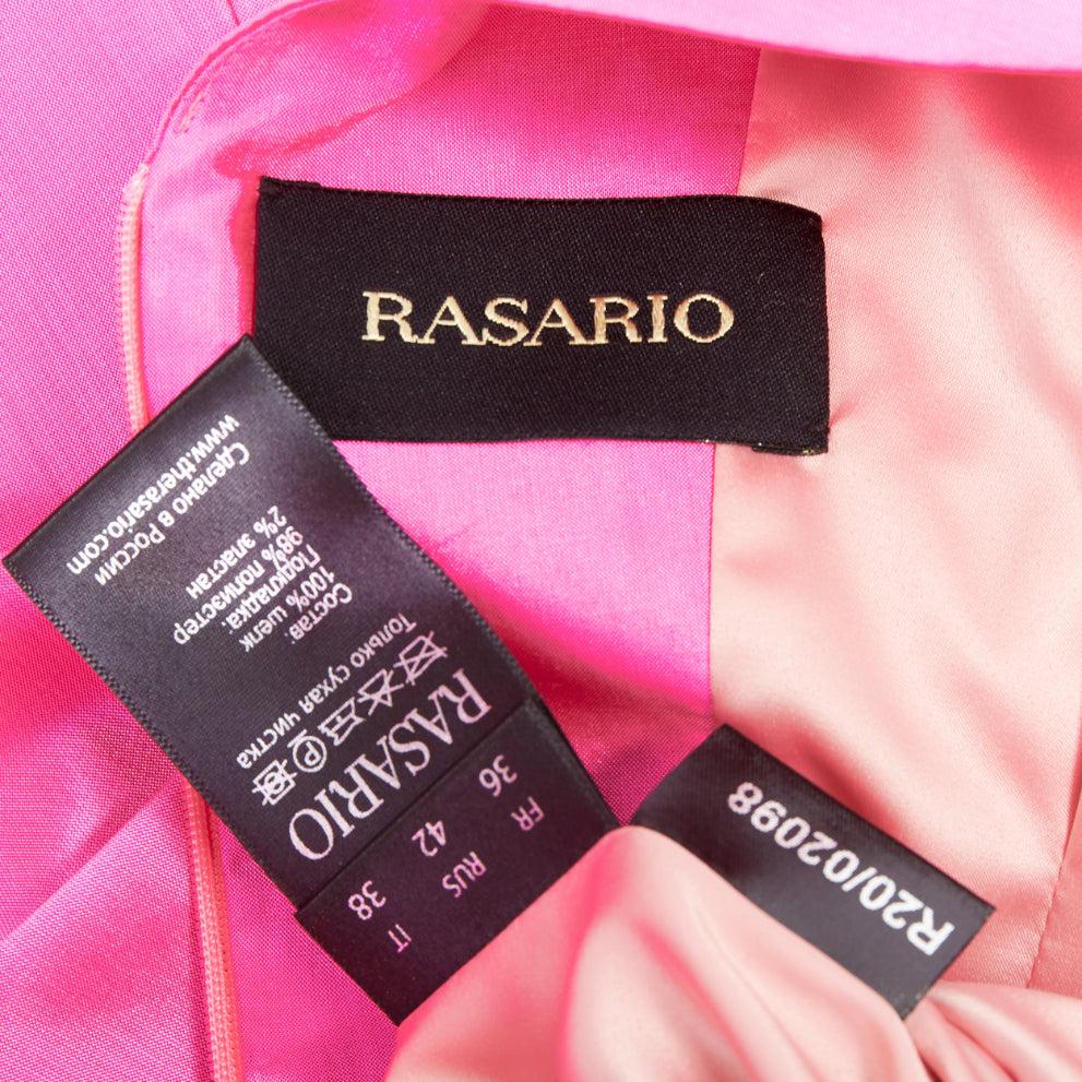 ROSARIO rosa picante 100% seda brillante mangas abullonadas cintura ceñida vestido midi FR36 S en venta 3